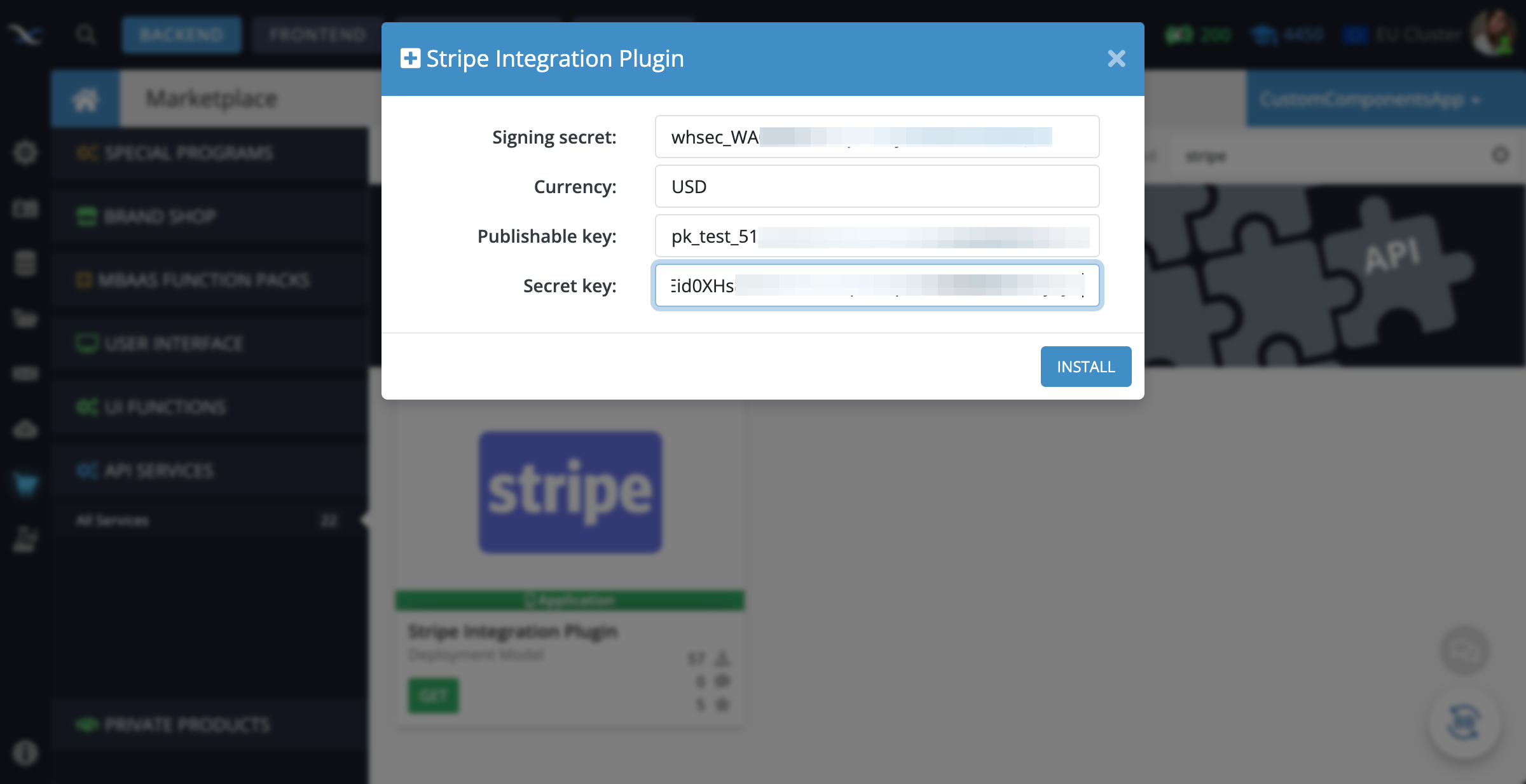 Configure the Stripe plugin and install