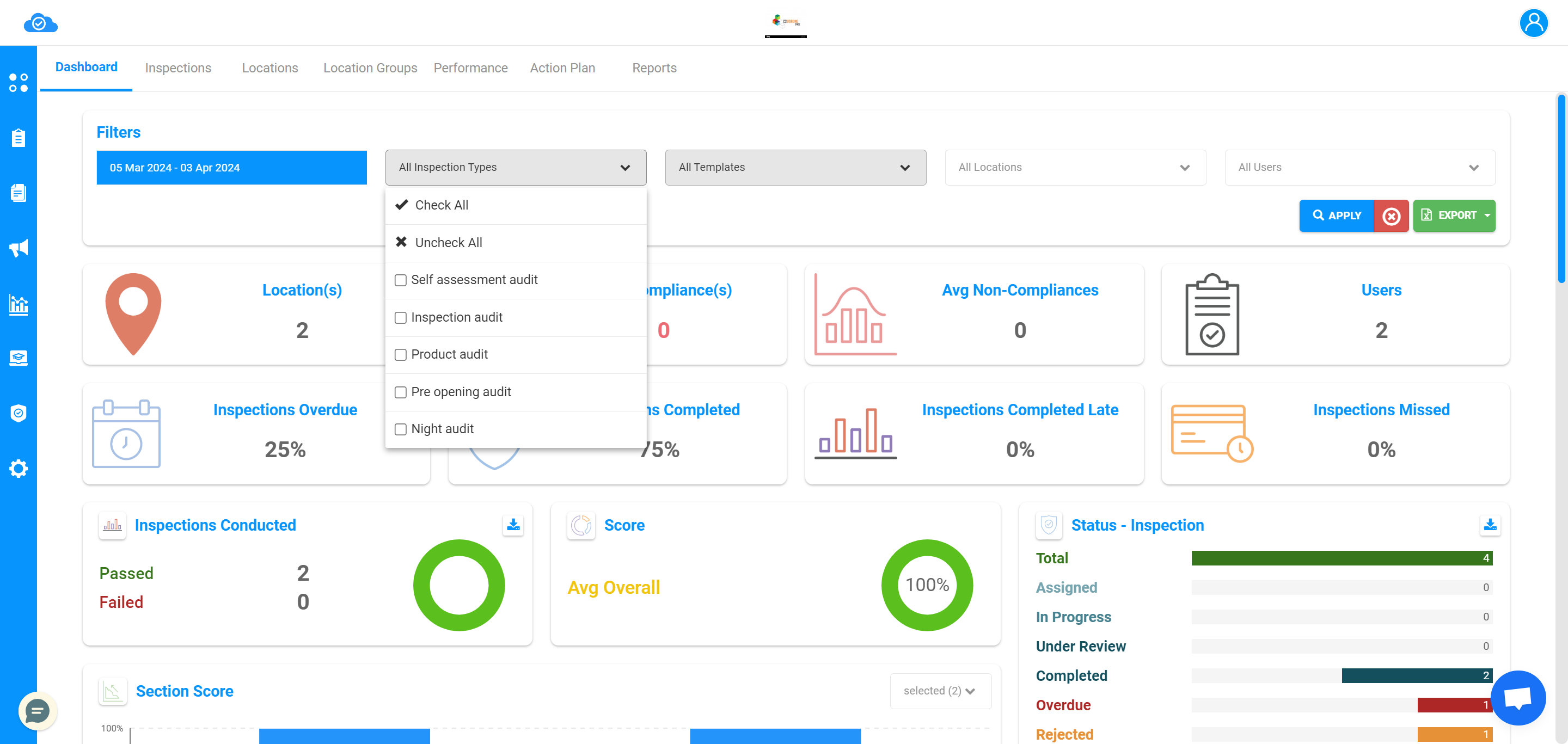 You can select different Inspection types.