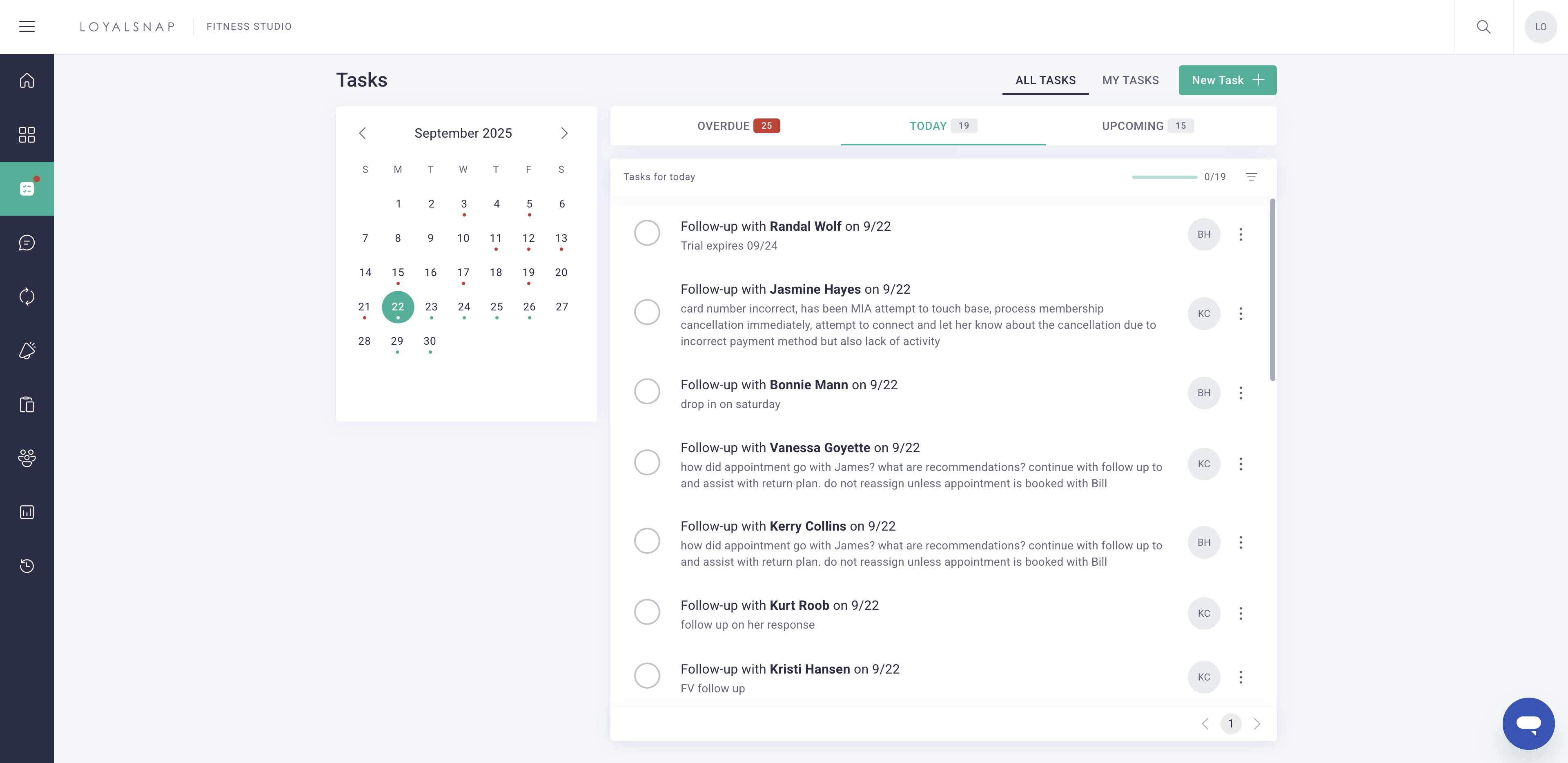 The **Calendar View** shows follow-up tasks by day, with red dots for overdue items and green dots for upcoming ones, so you always know what needs attention.
