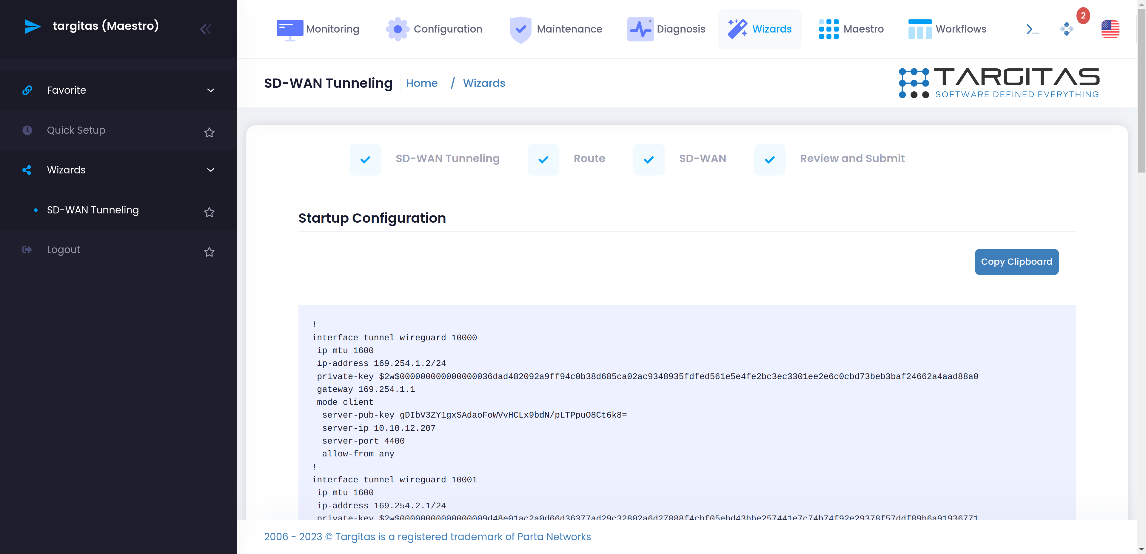 Review And Submit sekmesinde Wizard sonrası oluşturulan Firewall, şifreli tünel vb. konfigürasyonlr kaydedilmeden önce incelenebilir.

Bu örnekte Spoke cihazda Wizard adımları sonrasındaki konfigürasyonu inceleyeceğiz.