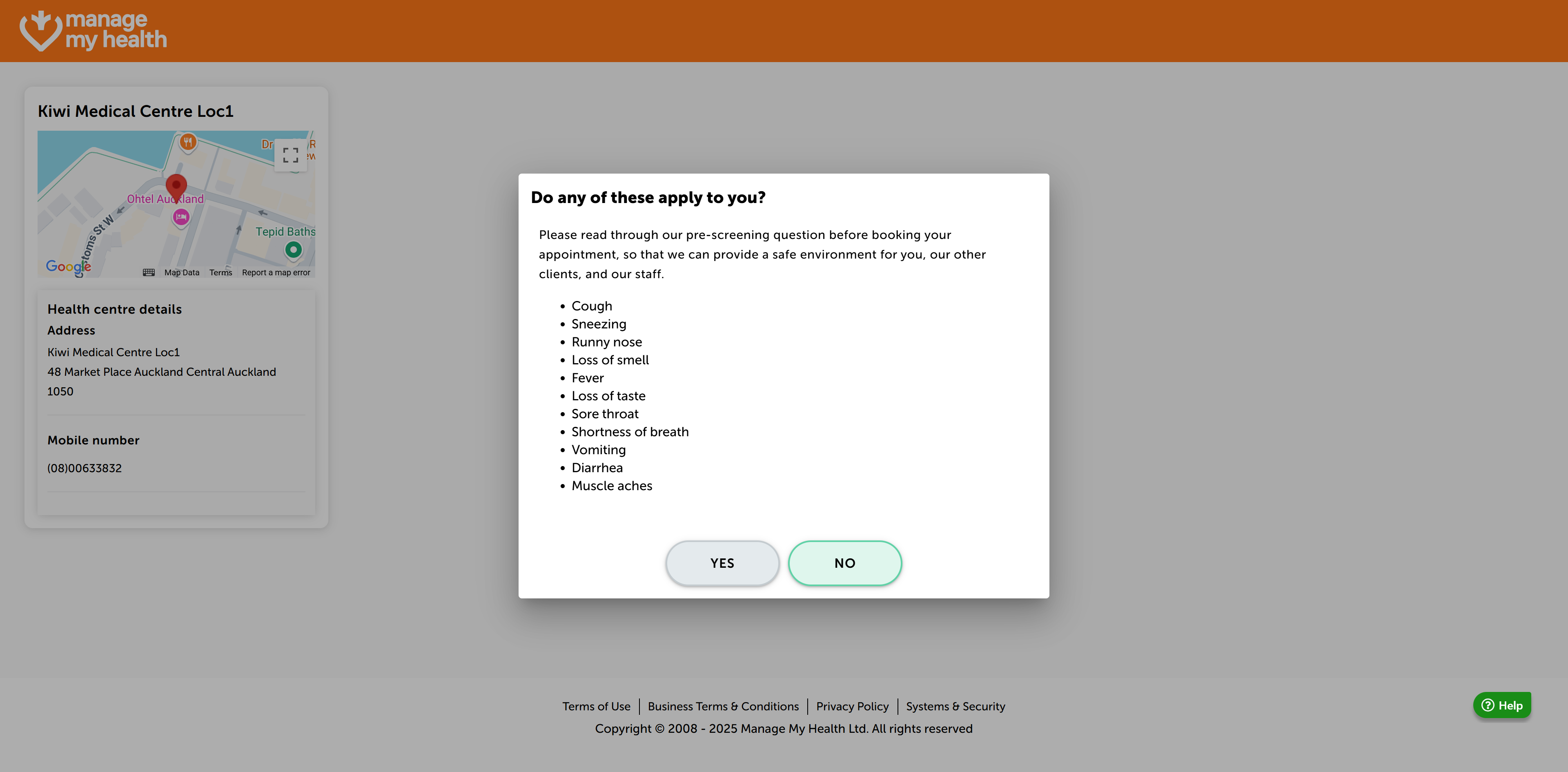 Answers the pre-screening health question to confirm user do not have any listed symptoms before proceeding.