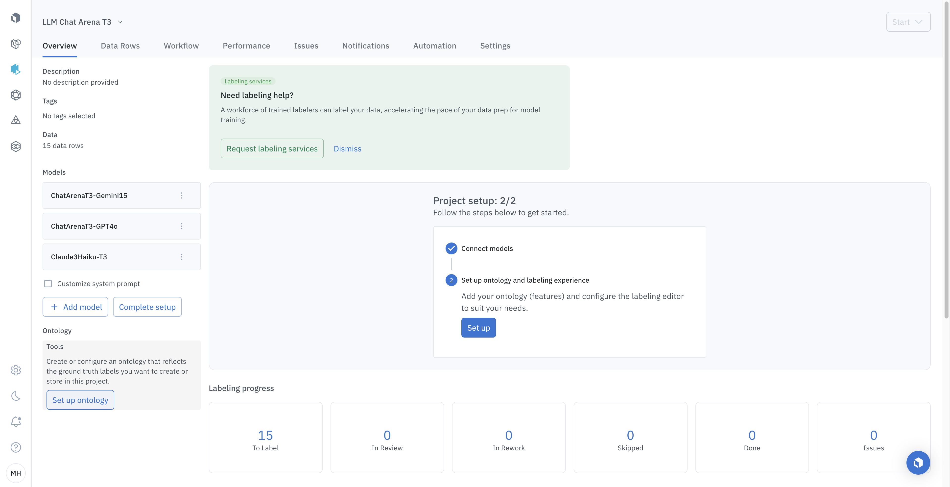 We start with a multimodal chat project. During the setup, we previously selected three foundational models to compare. 

Pre-loaded models include Llama 3.1, Gemini 1.5 Pro, ChatGTP, and Claude 3.5. You can also load a custom model. The tool can compare up to 10 models. 