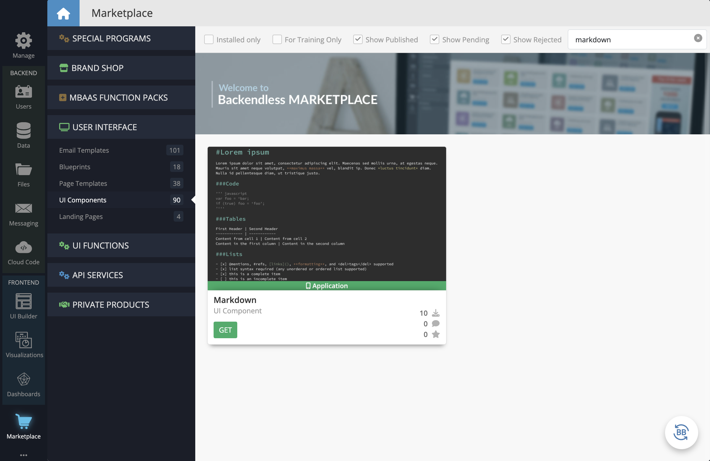 In your Backendless App, go to the Marketplace -> User Interface tab and install the Markdown component