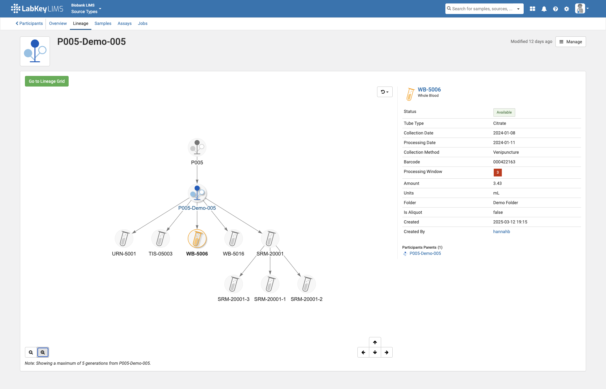 Sample Management: 
Use the lineage viewer to quickly see the context of samples, sources, and aliquots with just a click.
