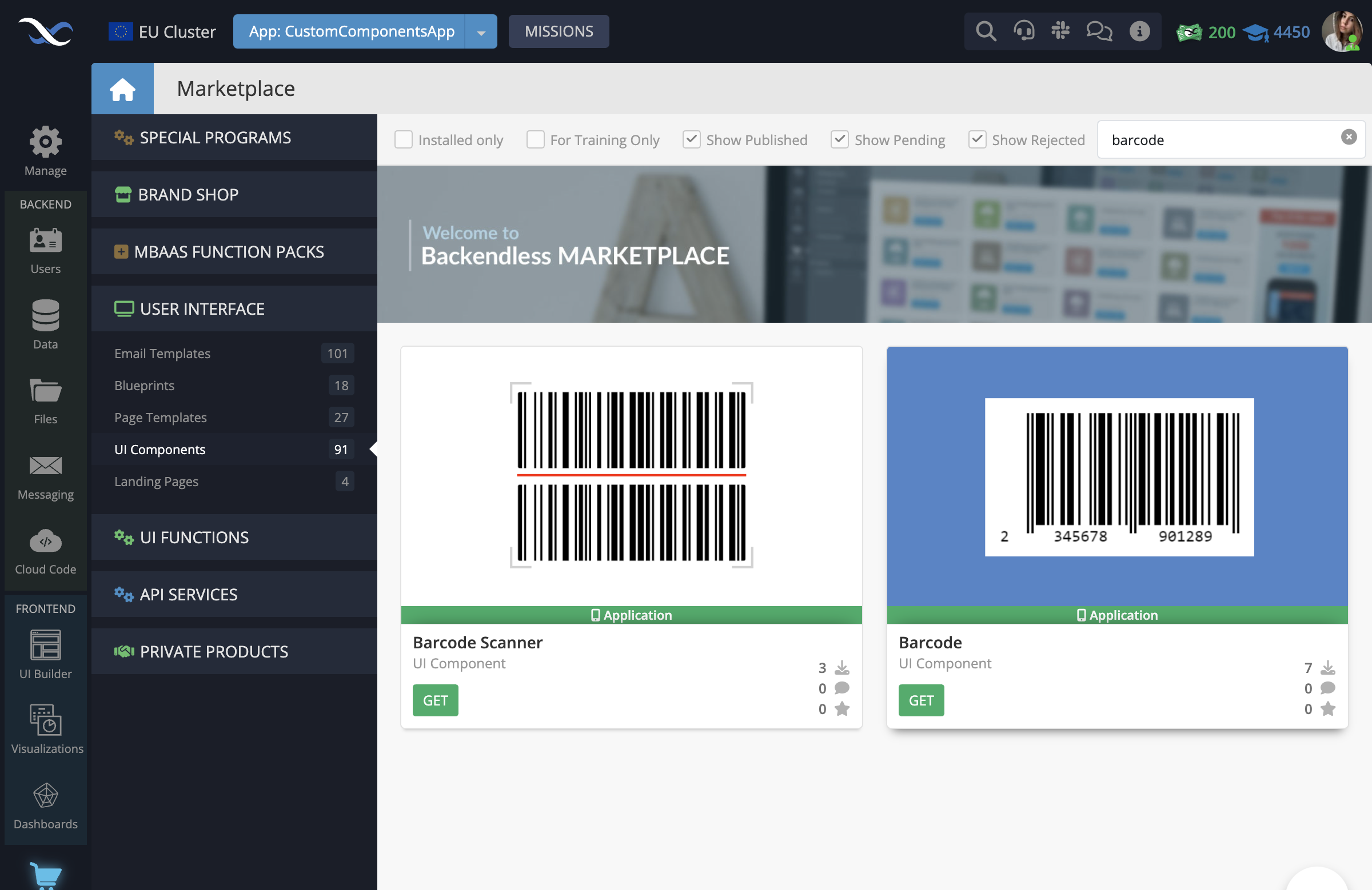 In your Backendless App, go to the Marketplace -> User Interface tab and install the Barcode component