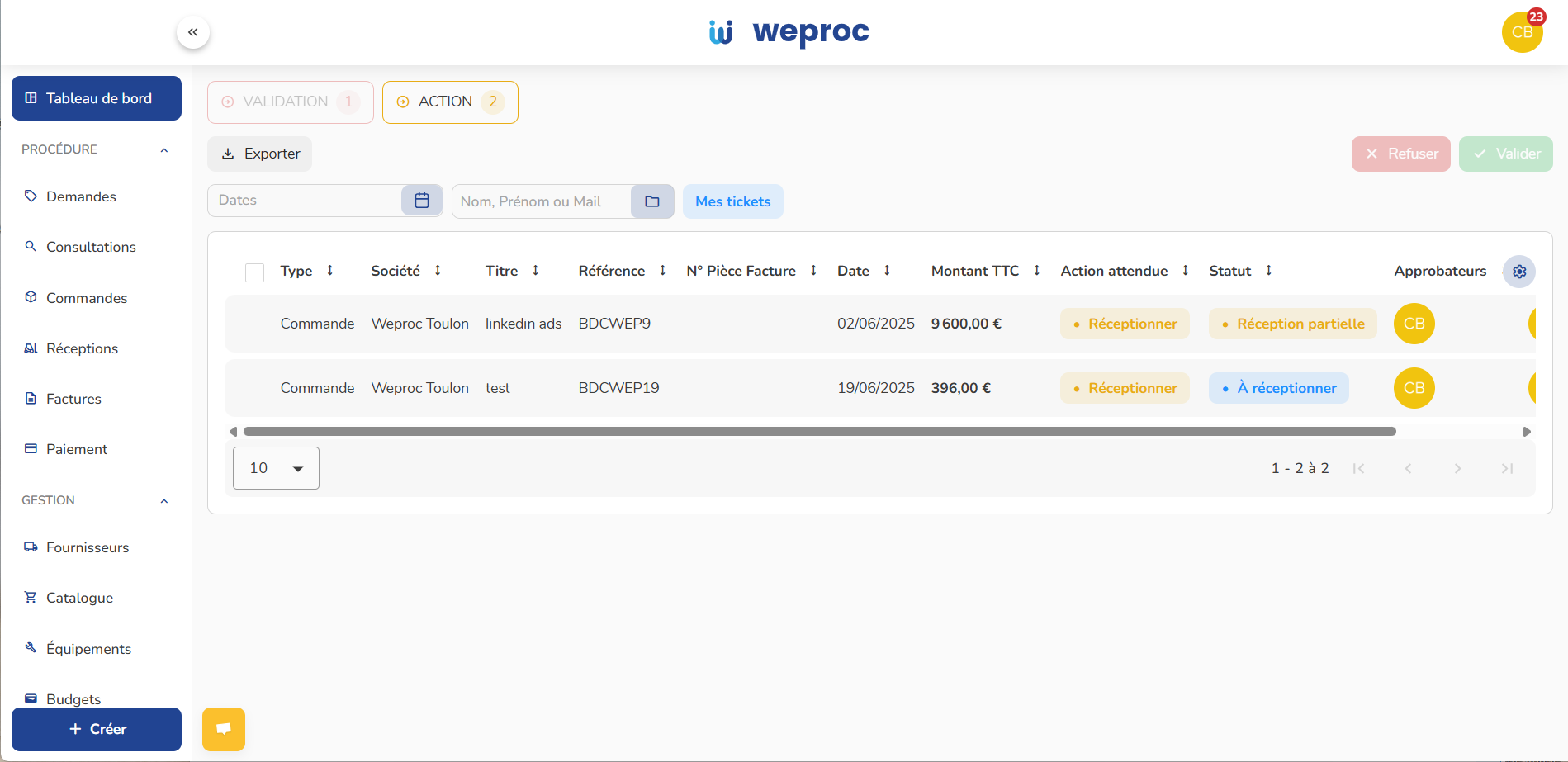 Retrouvez les **actions en attente** nécessitant votre attention.