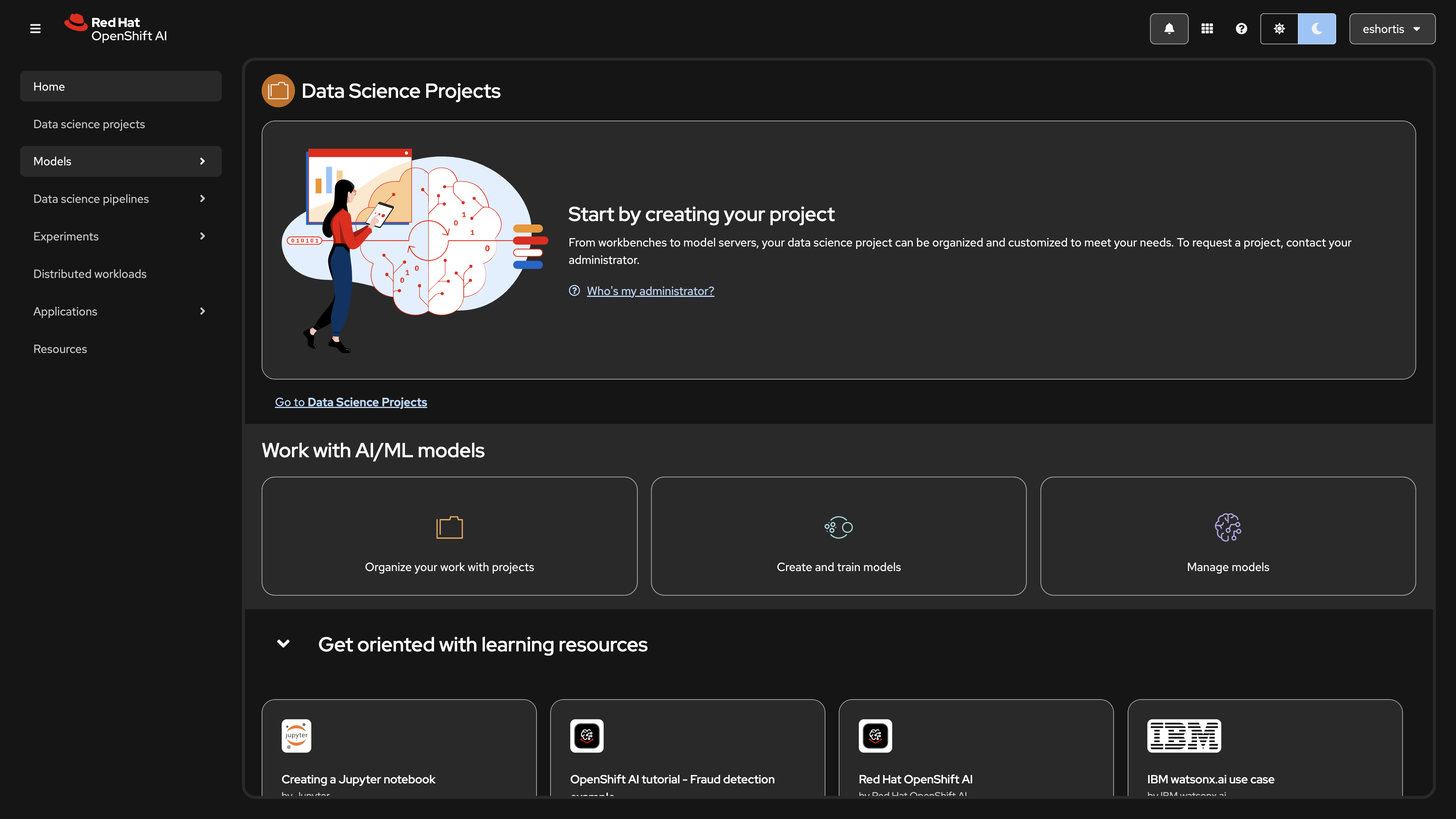 Welcome to the **Red Hat OpenShift AI** home page. AI Engineers can use this UI to get started working with AI/ML models.