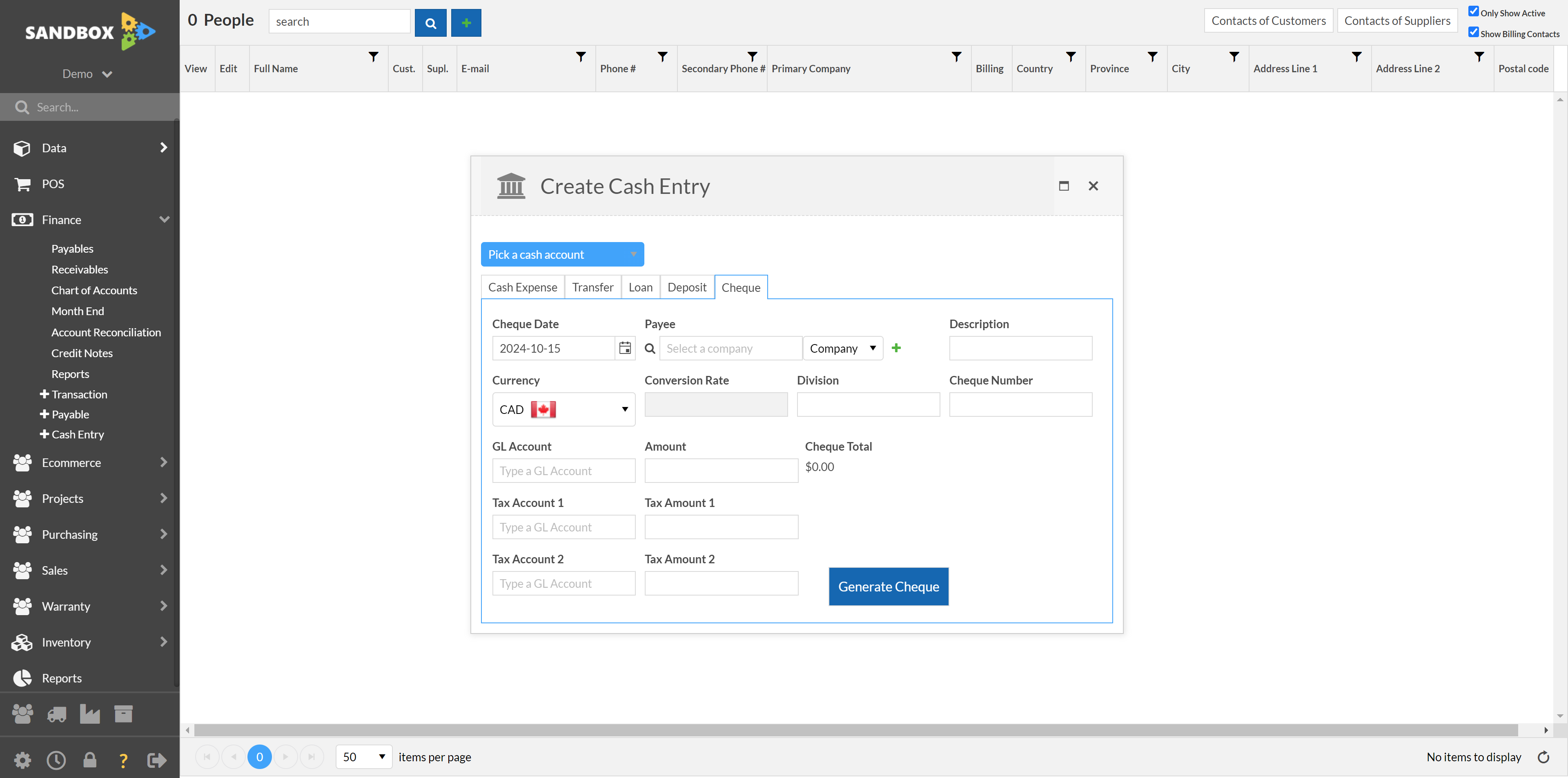 Select the account 
for the cheque