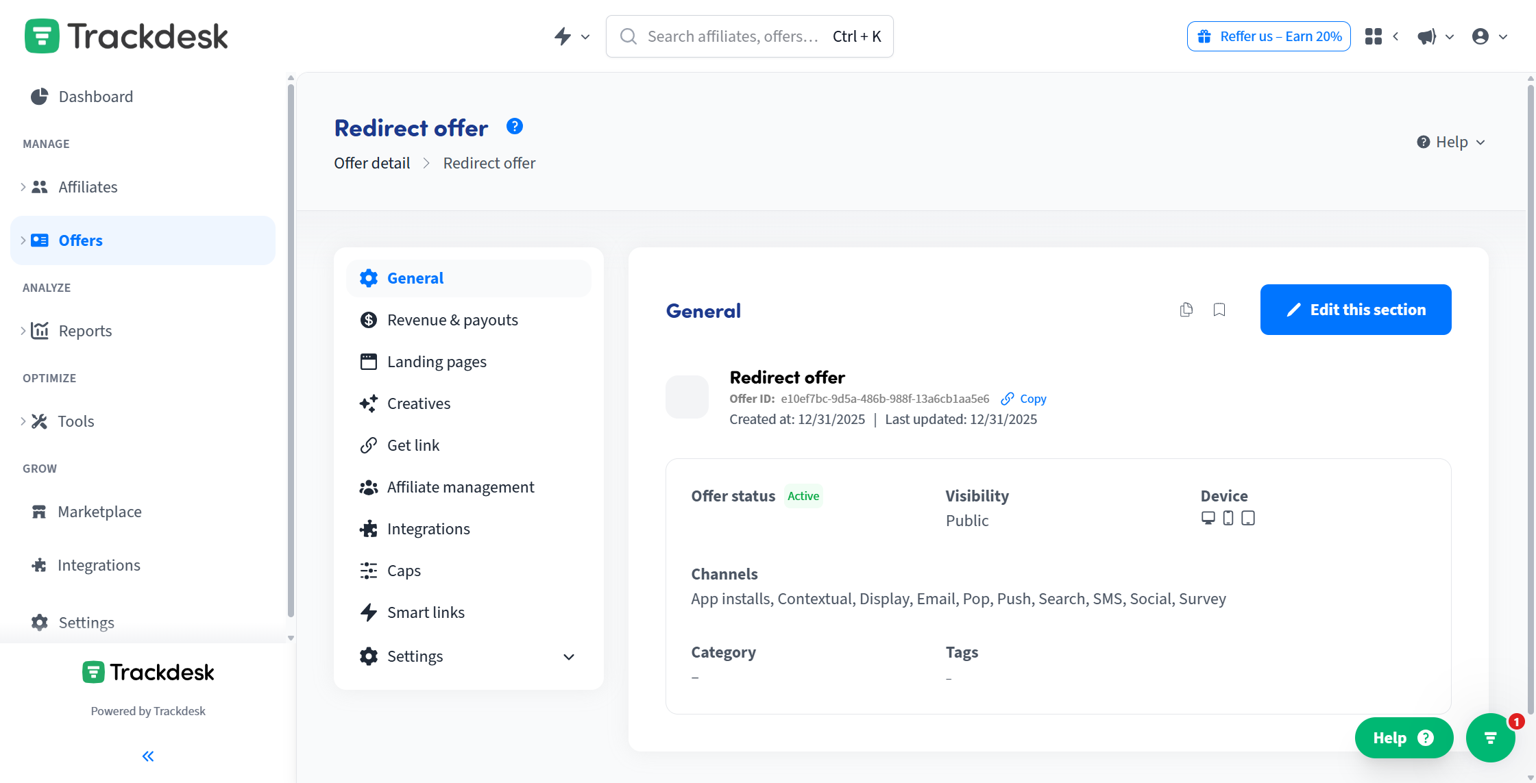 To add caps, navigate to a detail of an offer that uses redirect tracking and click on the Caps page in the menu.