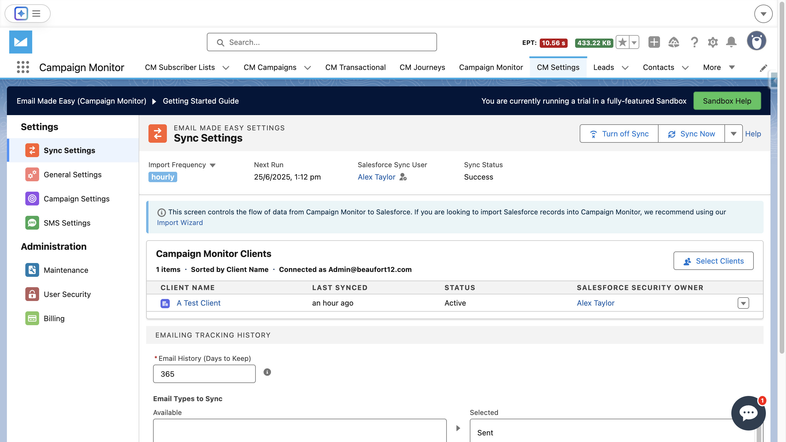 The sync settings screen allows you to view the primary sync which is responsible for pulling data from Campaign Monitor to Salesforce.