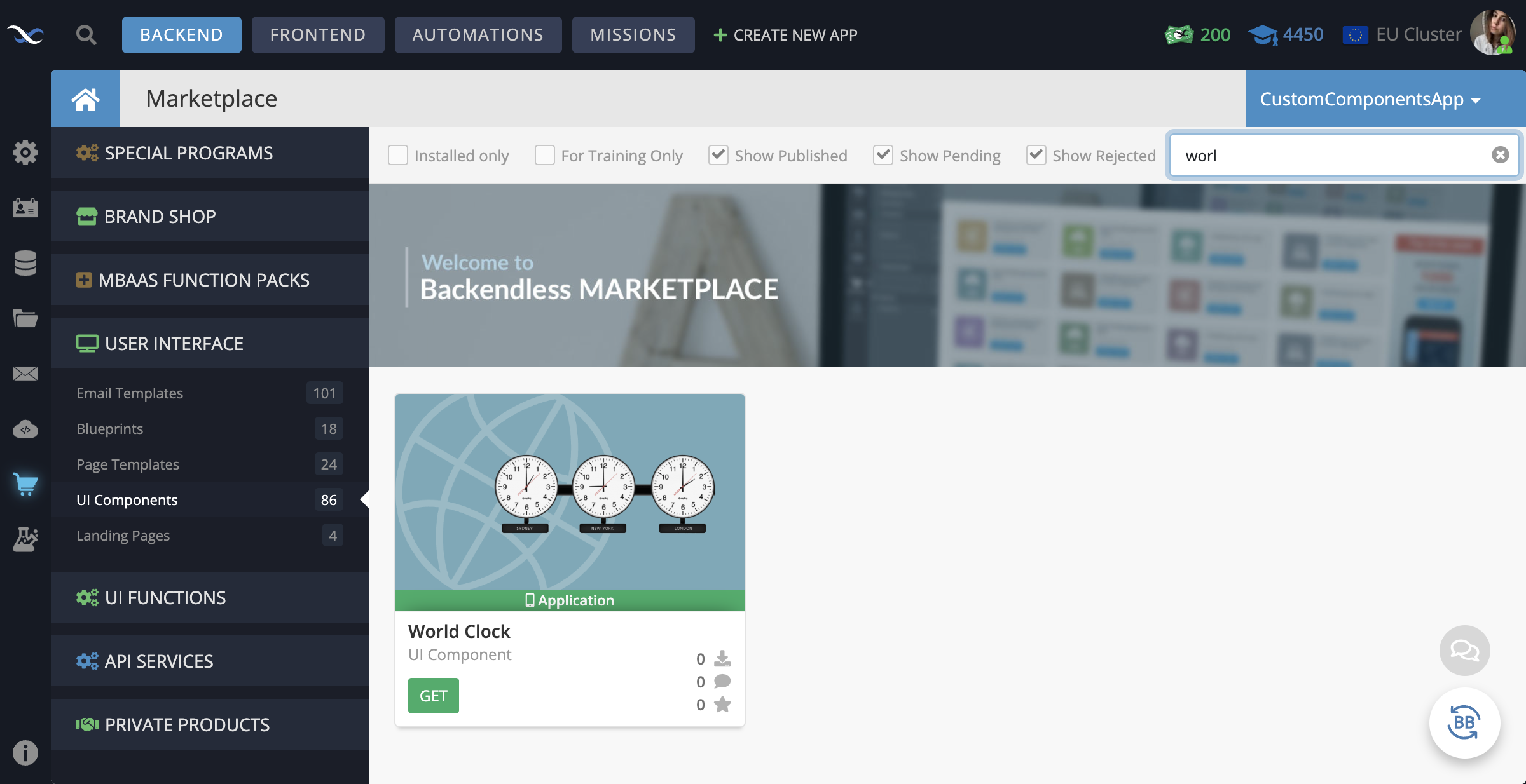 In your Backendless App, go to the Marketplace -> User Interface tab and install the World Clock component