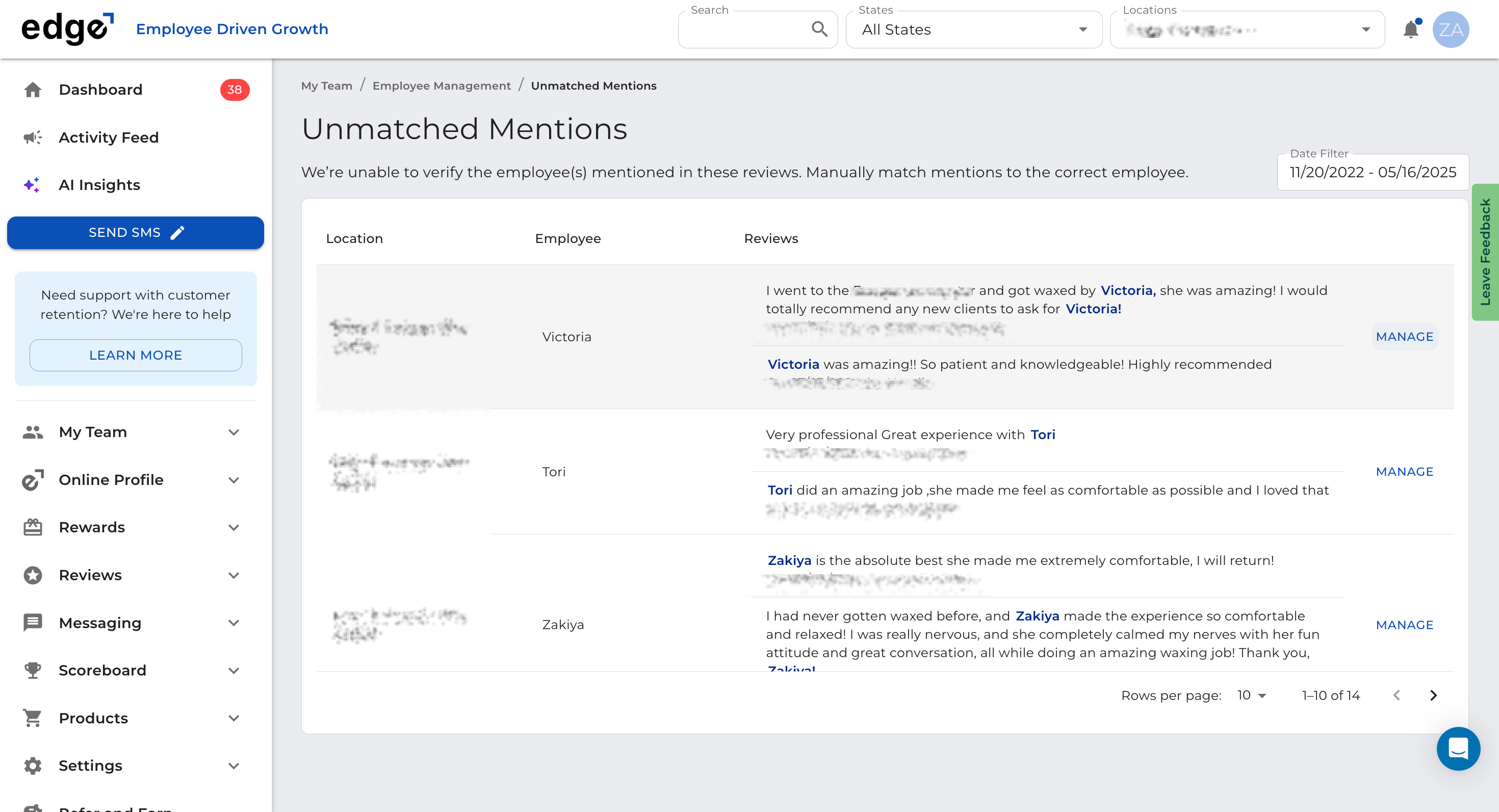 All Employees with unmatched mentions will appear. Click on *Manage* next to their name to resolve it. 
