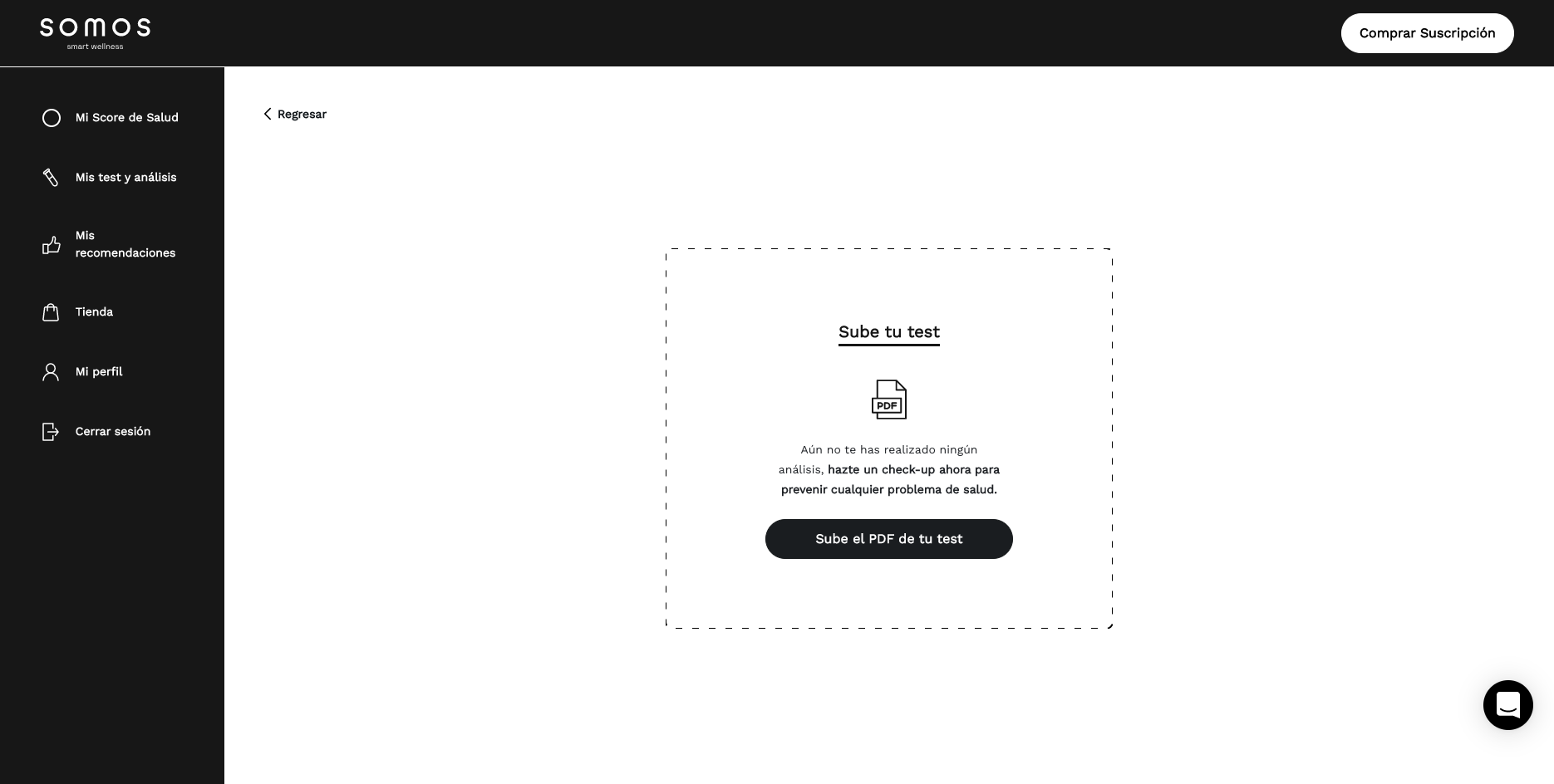 Dale clic al botón "Sube el PDF de tu test" y sigue el proceso seleccionando tu archivo PDF desde tu equipo, así subirás cada una de tus pruebas para alimentar el historial aquí en tu cuenta.