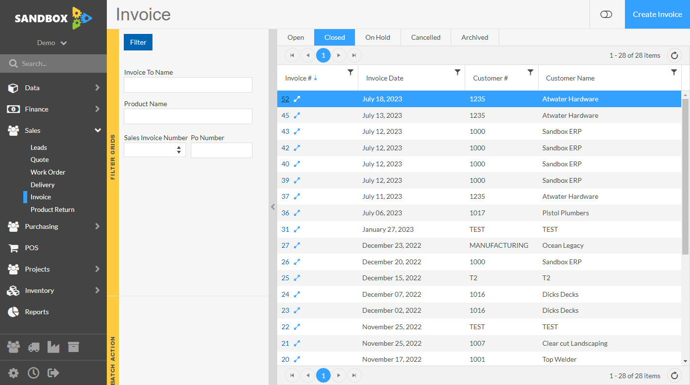 Select Closed Invoice