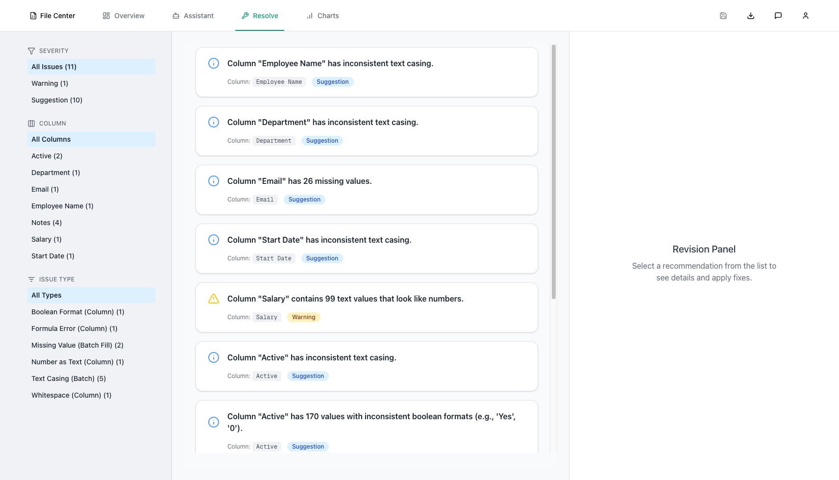 SheetZen automatically flags formatting issues, missing values, and inconsistencies.
