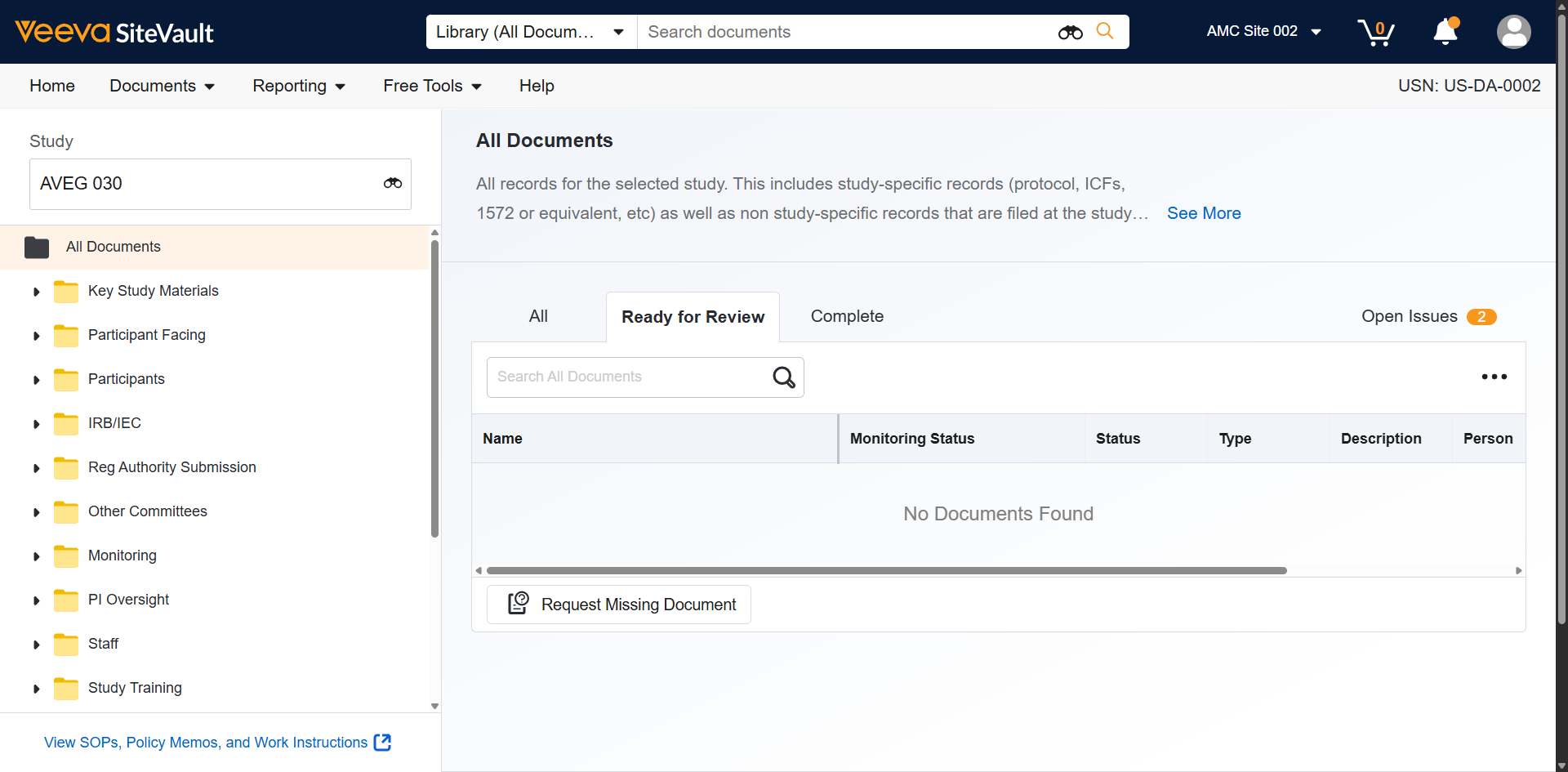 Monitors can also create **Missing Document Issues** if they determine that a document is not present in the **Study eBinder**, by selecting the **Request Missing Document** action

It is recommended that this step is done after all documents have been reviewed from the **Ready for Review Tab** to avoid accidently logging an erroneous request