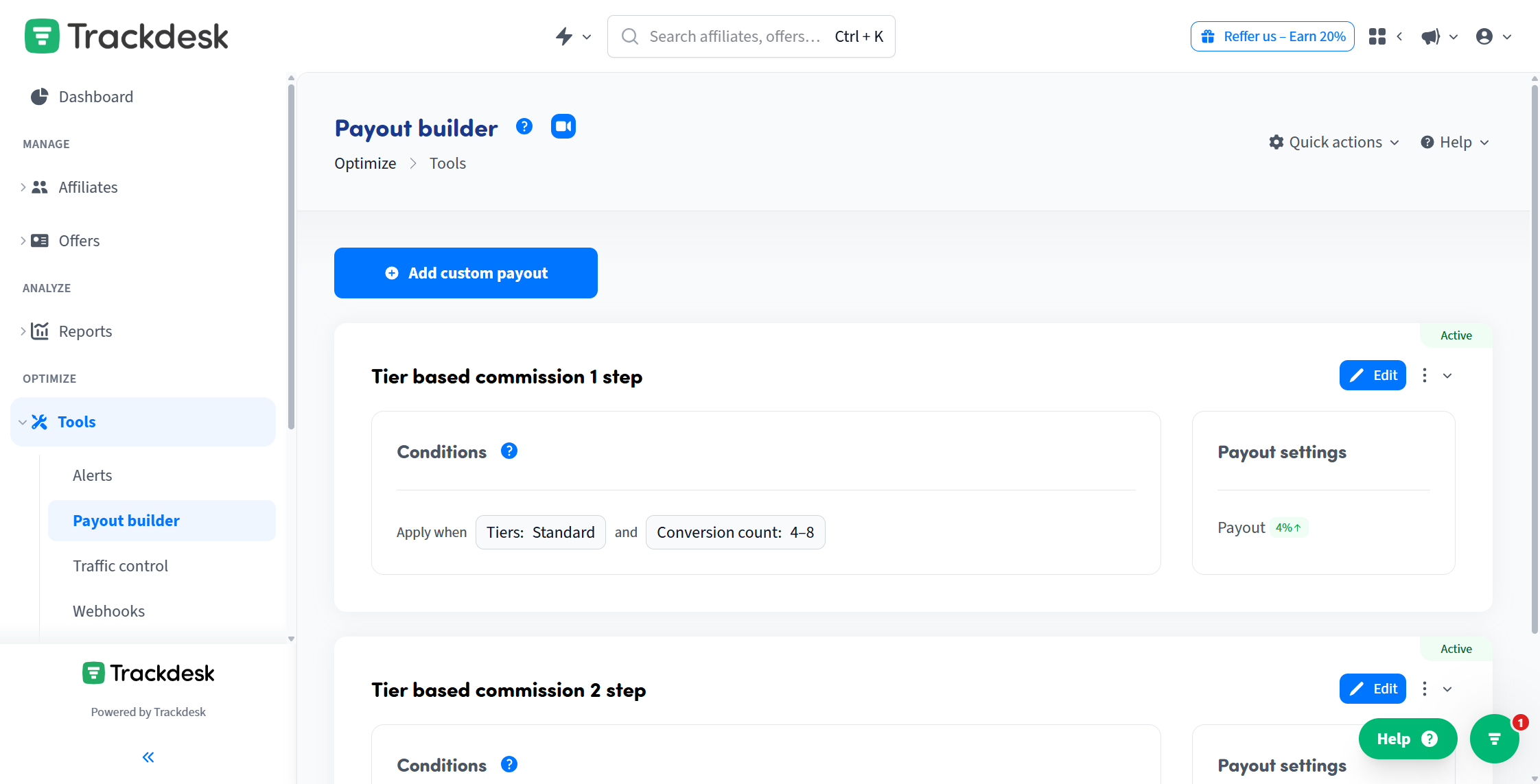 Navigate to the payout builder page under "Tools" and click "Add custom payout."