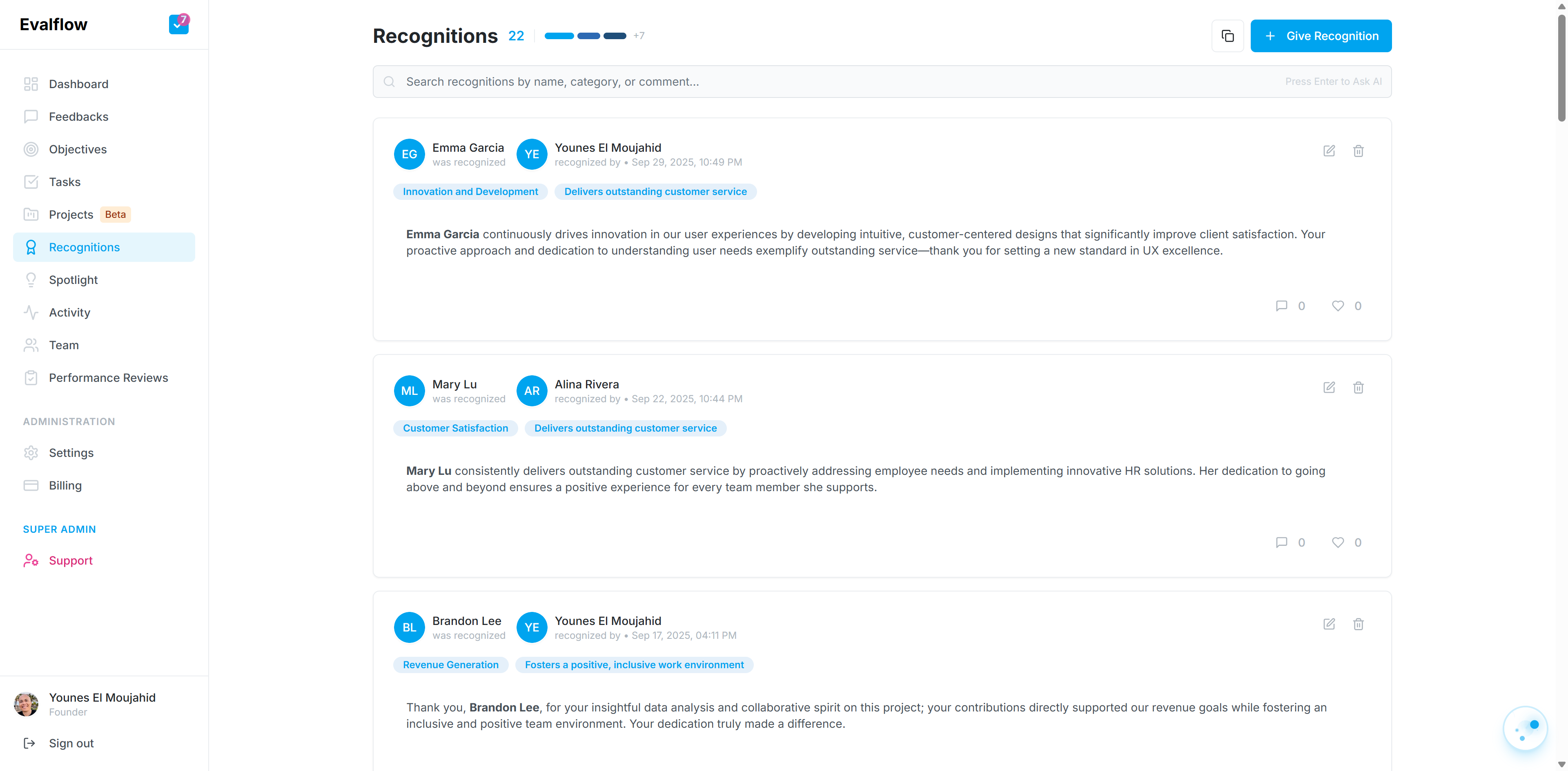 Click on the Give Recognition button to begin the process of acknowledging a colleague.