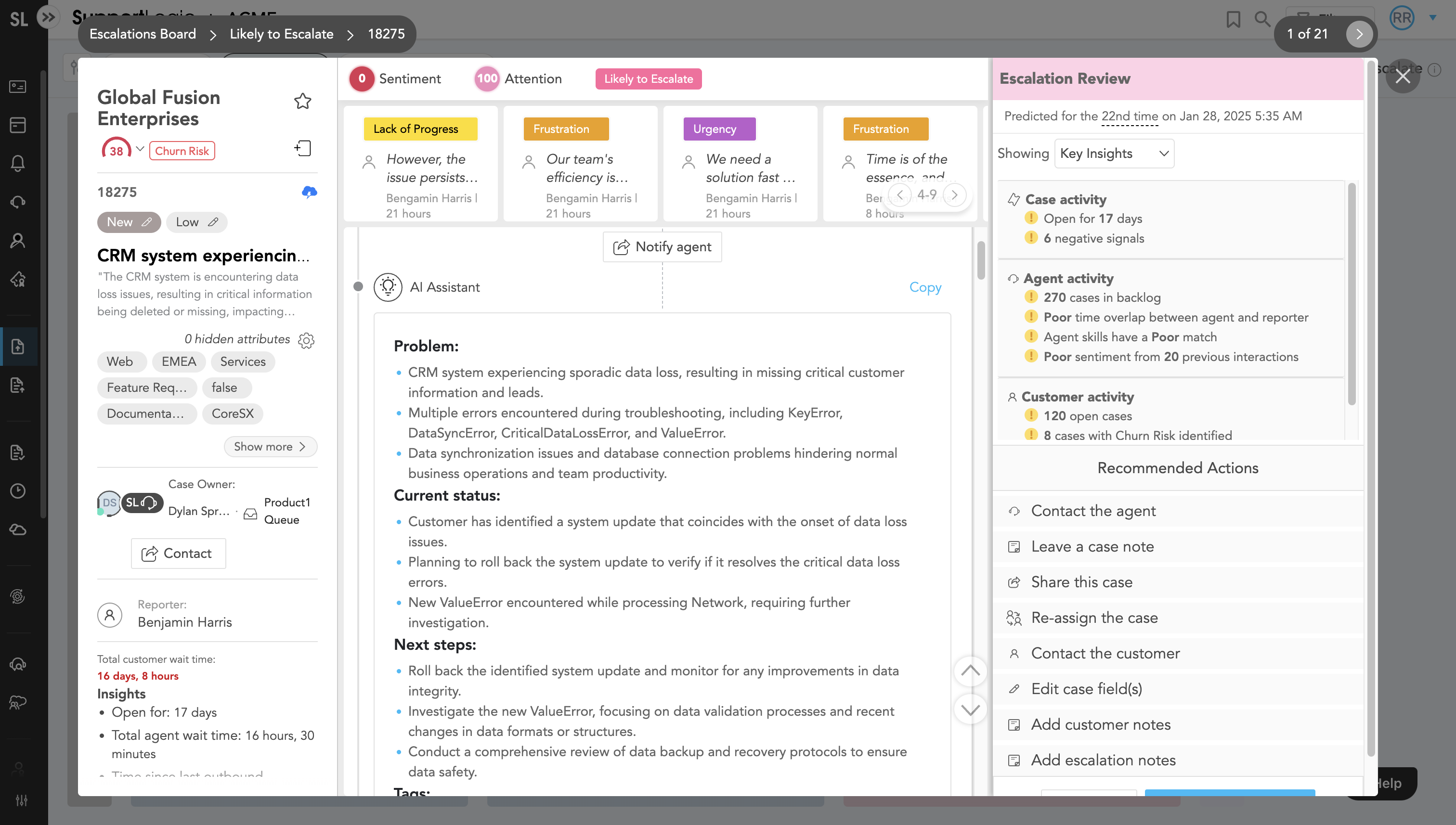 The Escalation Review panel allows you to take action immediately, giving you the reasons behind the prediction along with several ways to act immediately.