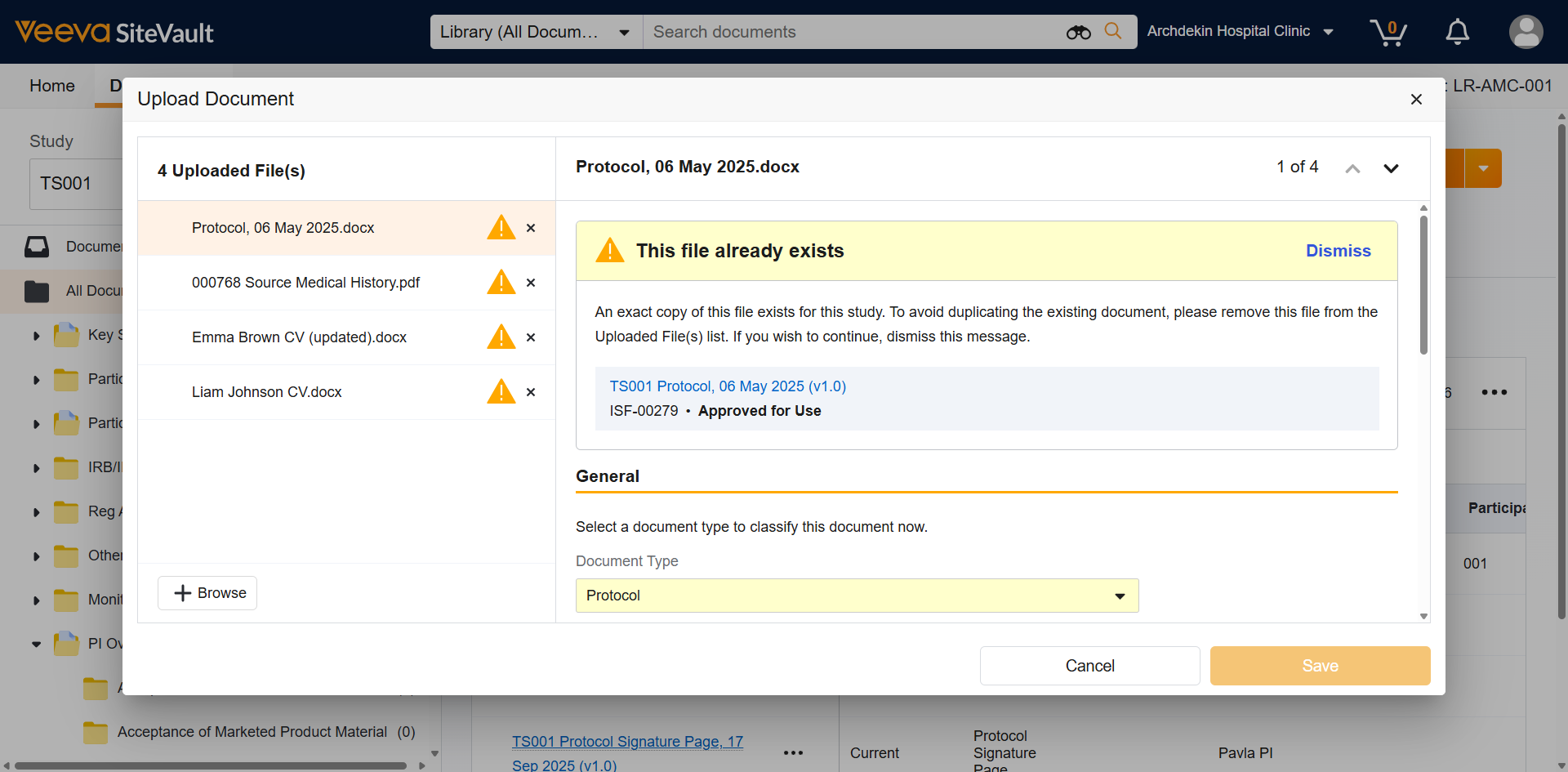 Once Classified, if a duplicate document exists, SiteVault will populate a warning that must be resolved or dismissed before the document can be saved.
