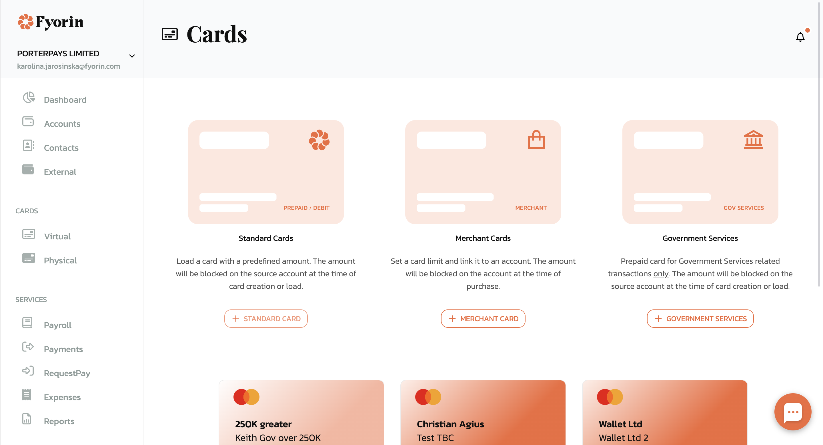 New cards can be created from the card menu. 