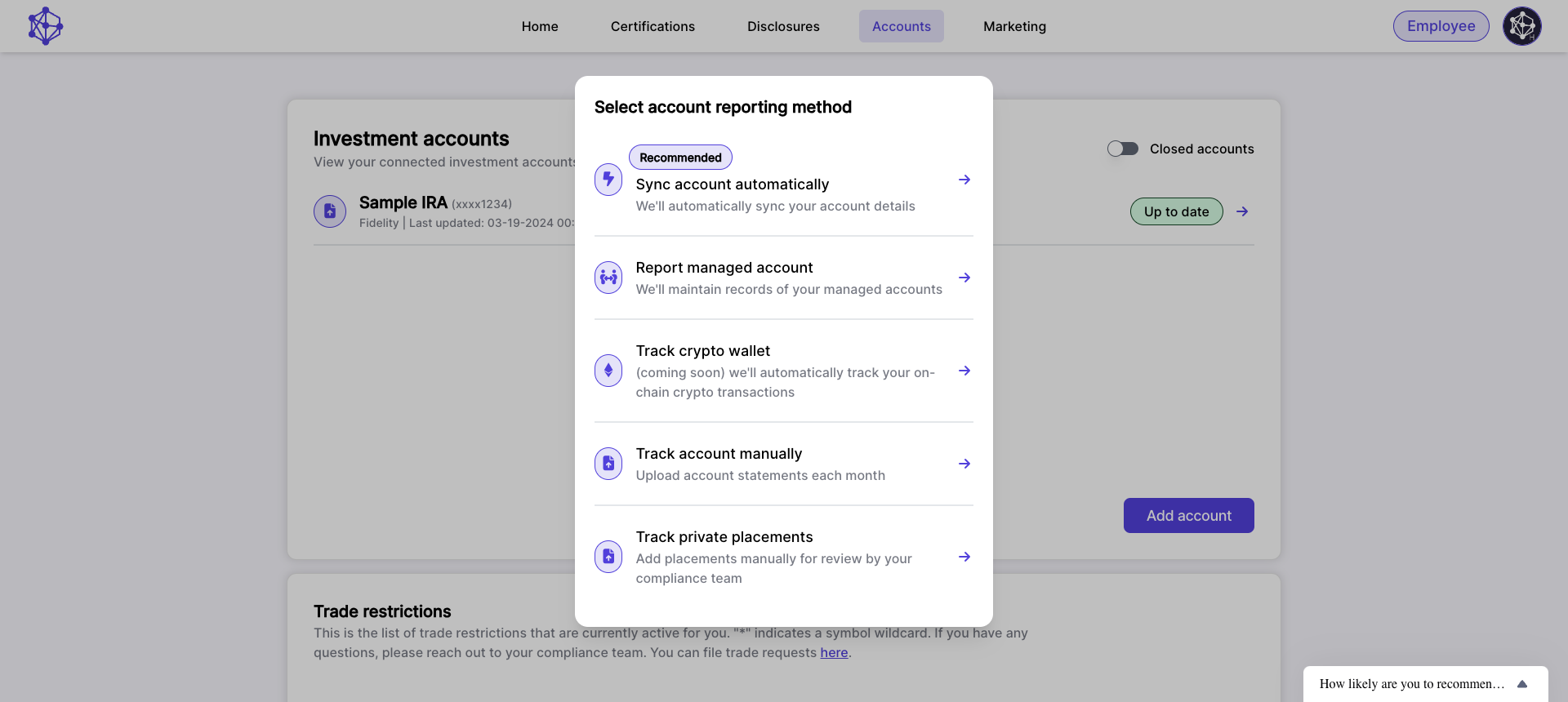 We have many ways to link accounts. "Sync Accounts Automaically" triggers a workflow for you to search for your financial institution and log into your account.