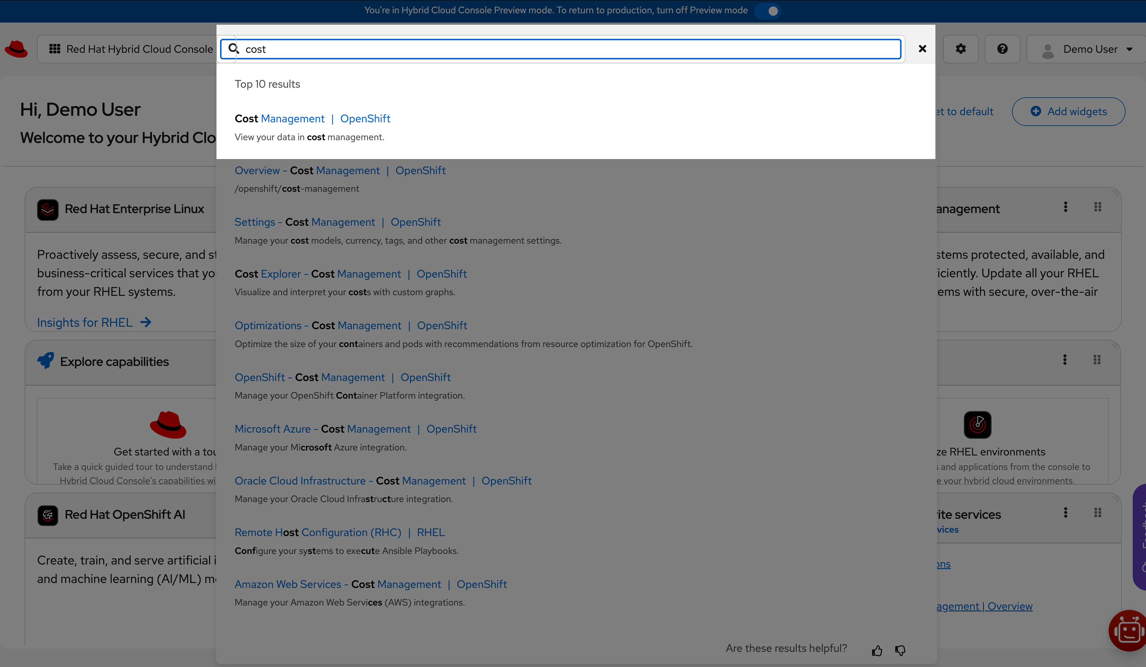 Use the search button in the upper right to search for "cost" and select Cost Management for OpenShift.