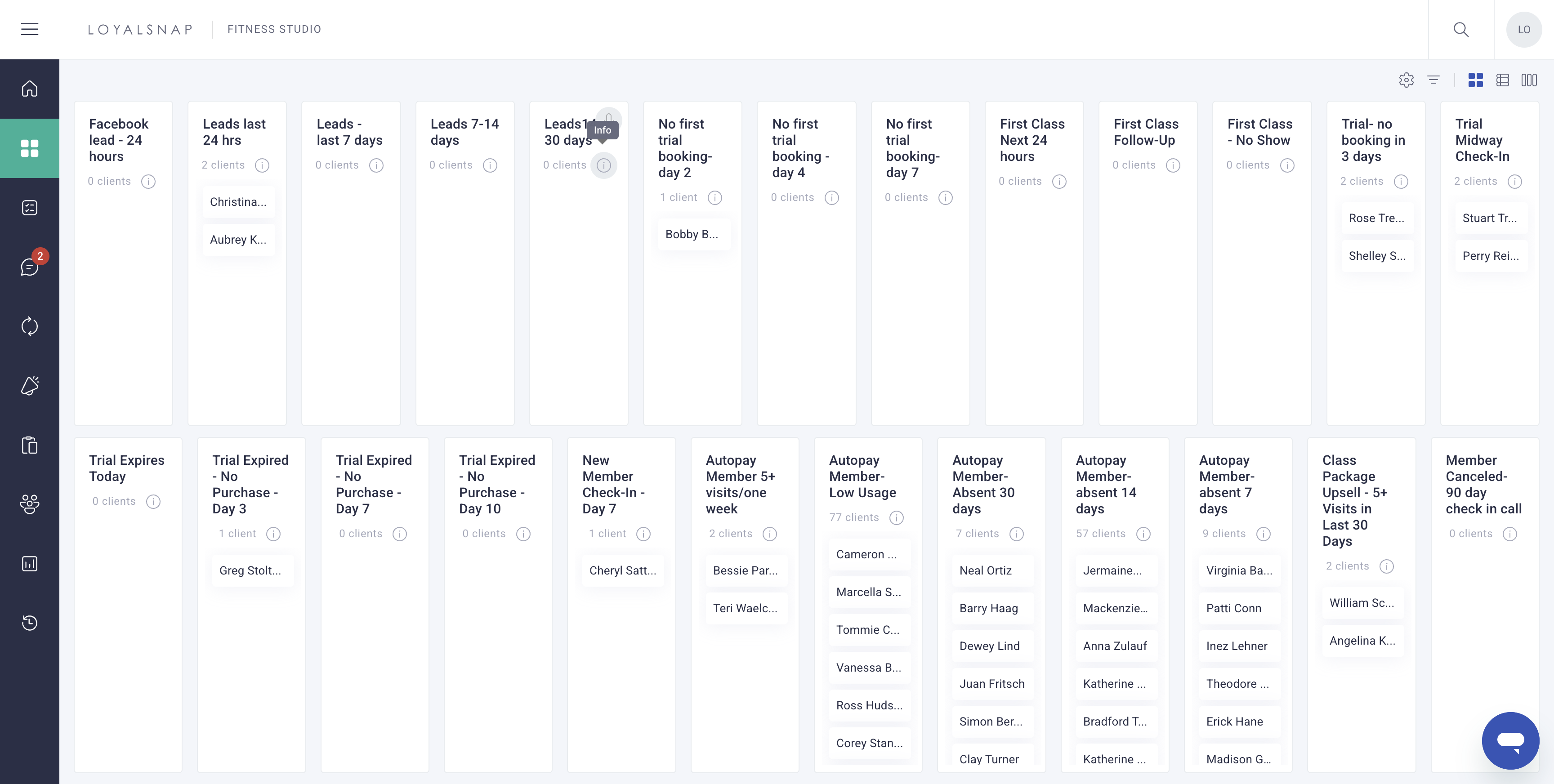 Categories show which clients need follow-up and what triggered it. Tooltips clarify why they landed there and the right moment to reach out.