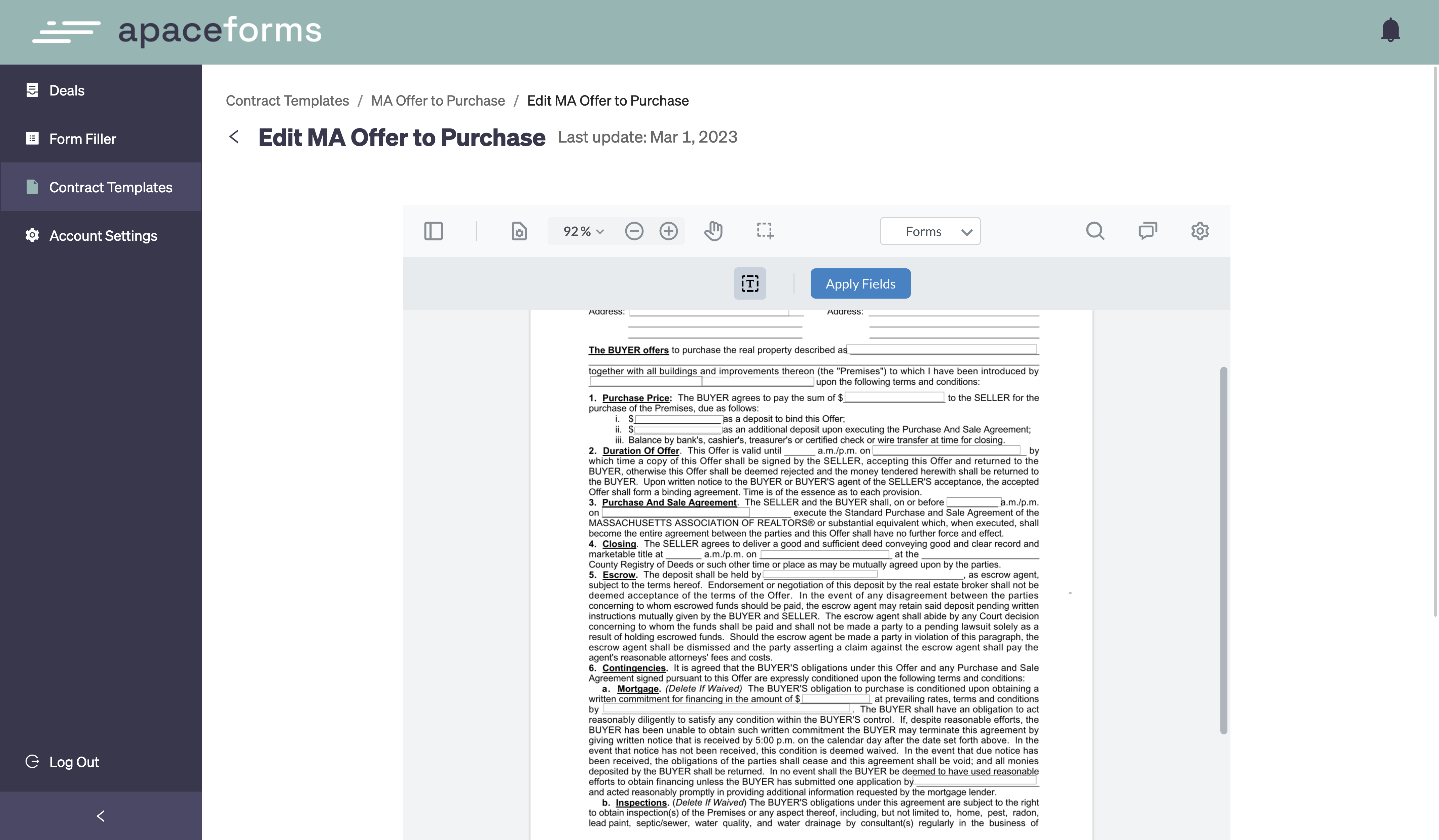 Congrats. You just completed your first contract template, set the font for each smart field to between 7-9 (recommended), and are ready to see how it looks. Click the circle to move forward. 