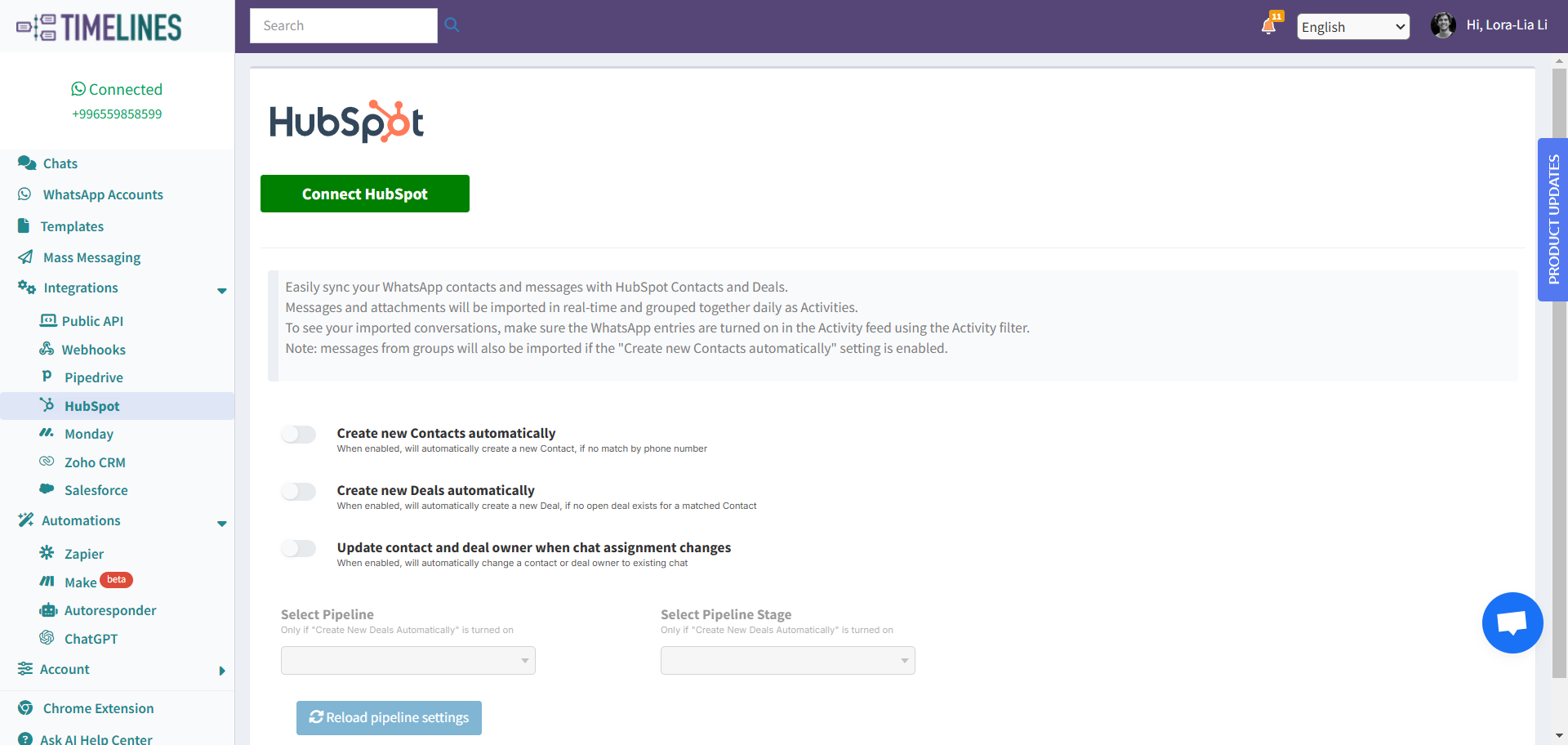 Click to open HubSpot Integration Settings
