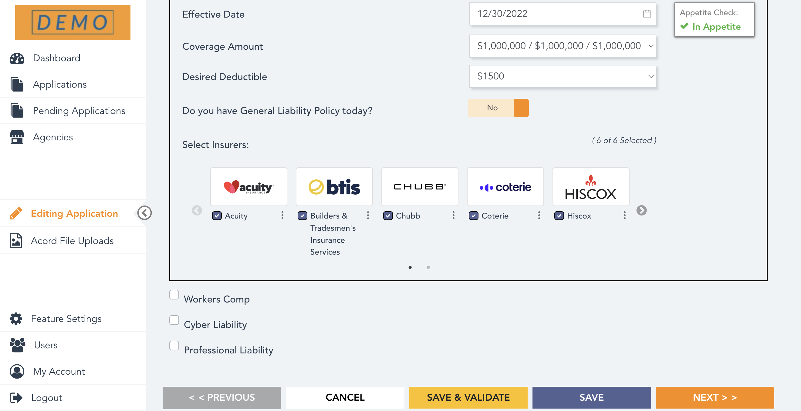 Select or Unselect Carriers That You Wish to Quote Your Line of Business