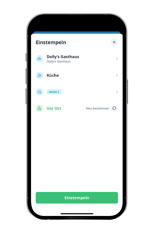 Claudia ist gerade zur Arbeit gekommen. Sie öffnet die App, tippt auf „Einstempeln“ – und legt los. Ohne Umwege.