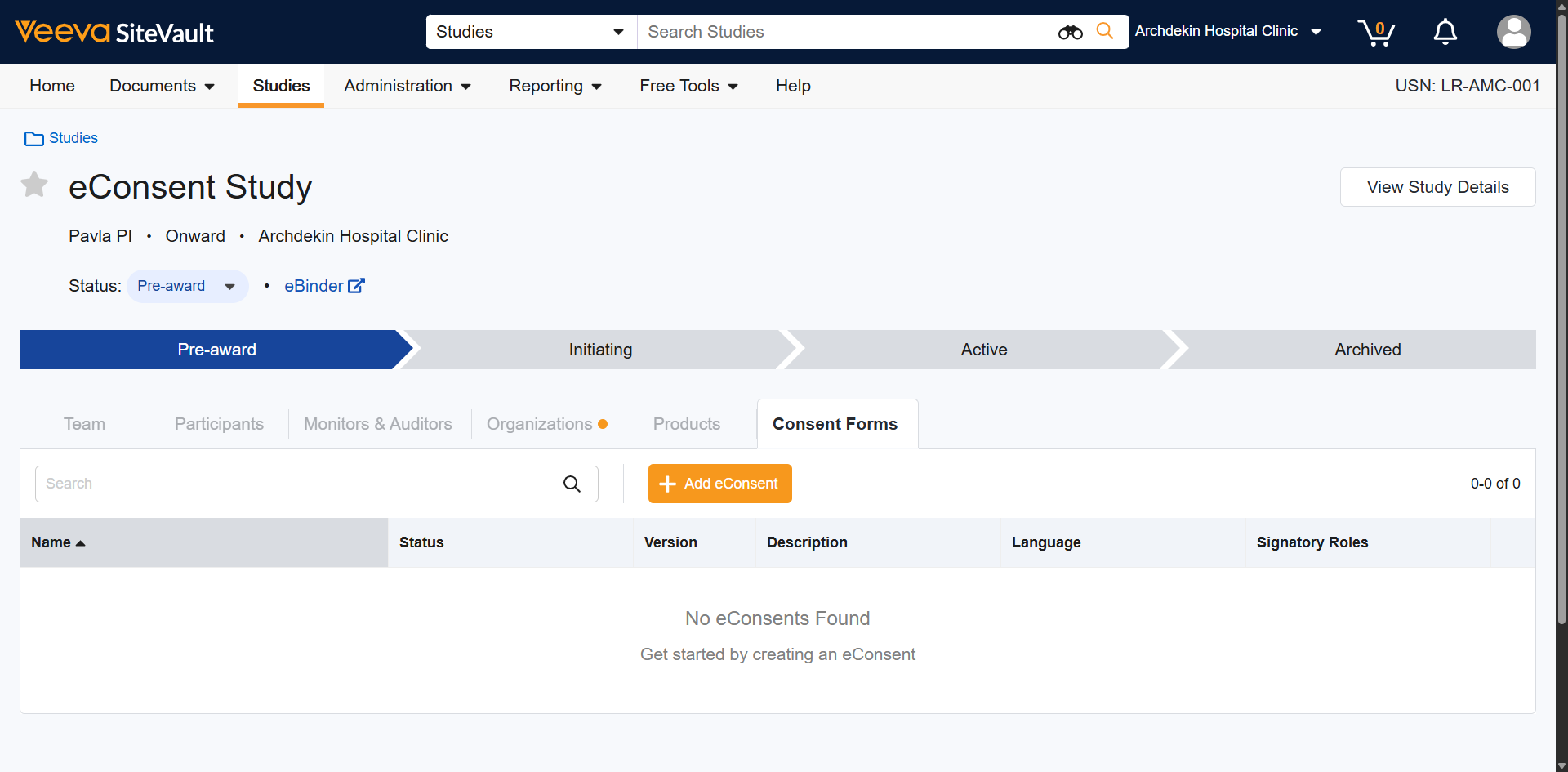 Navigate to the Study
Consent Forms tab and
select **+Add eConsent**

**Note**: This tab will only display if eConsent has been enabled, which can be completed  from **View Study Details**