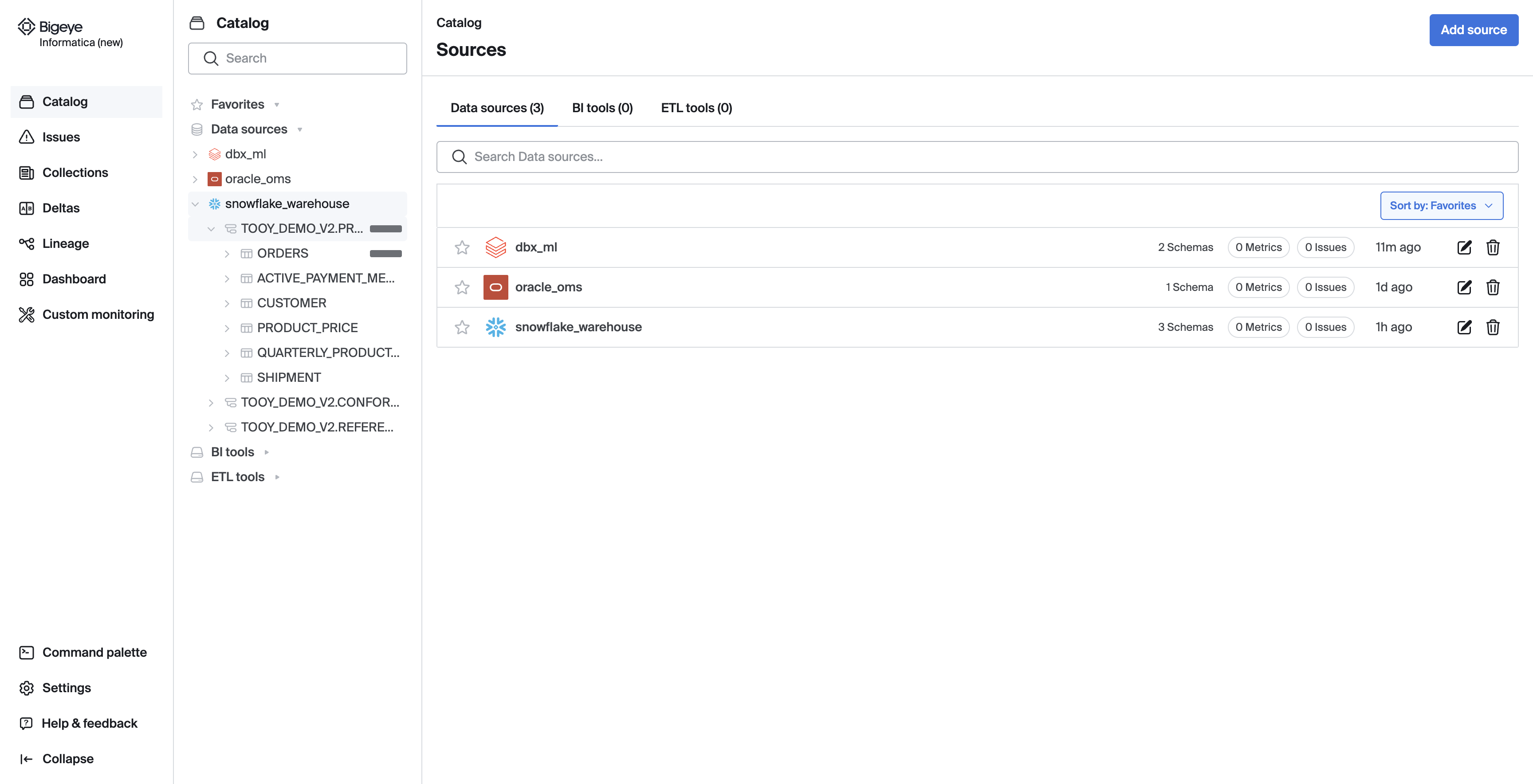 Bigeye Catalog shows currently connected sources and indexed schemas. You can can click 'Add Source' to connect 30+ on-prem, cloud, or legacy data sources for Bigeye to monitor. 