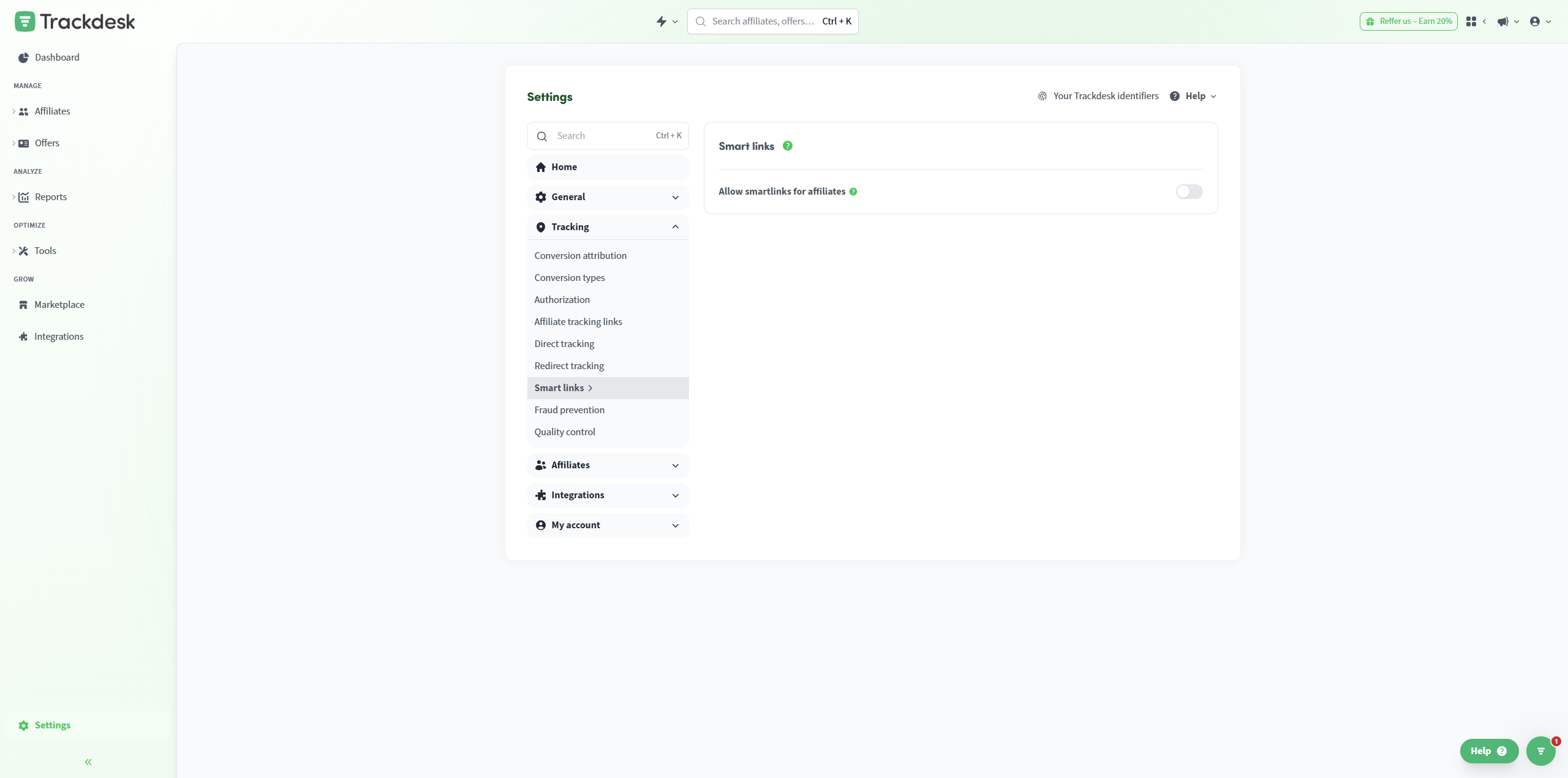 First part to setting up Smart link functionality is to decide if you would like affiliates to see it, or if you would prefer to have it only internally and potentially send affiliates their Smart link tracking links.

When this switch is enabled, affiliates will see the Smart link page in their offer menu and will be able to get their unique Smart link tracking URL by themselves.