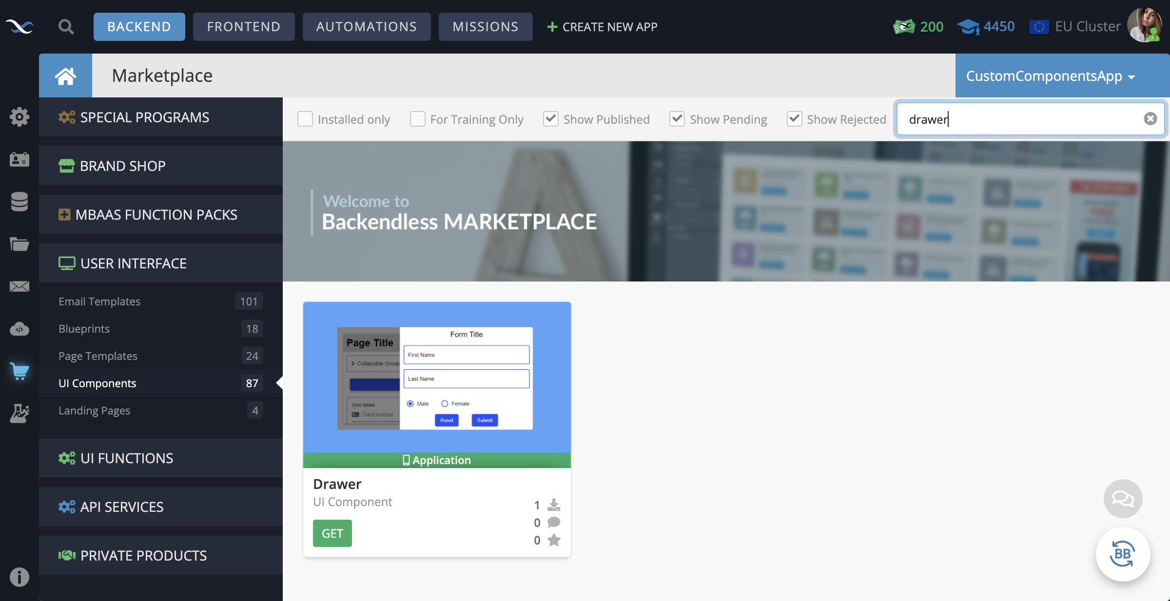 In your Backendless App, go to the Marketplace -> User Interface tab and install the Drawer component