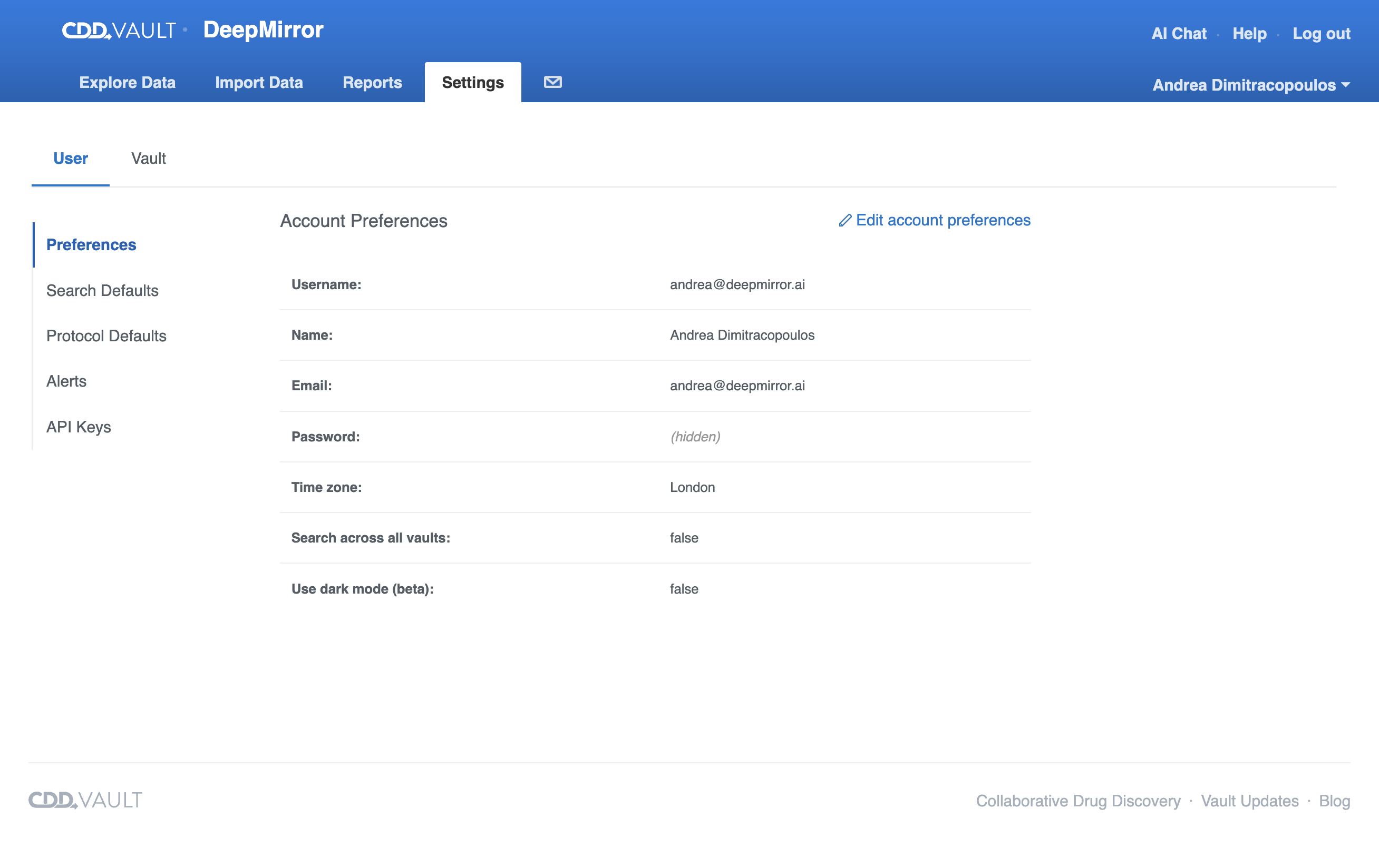 On the CDD Vault's Settings page, click on the API Keys section to create a key for secure data integration.