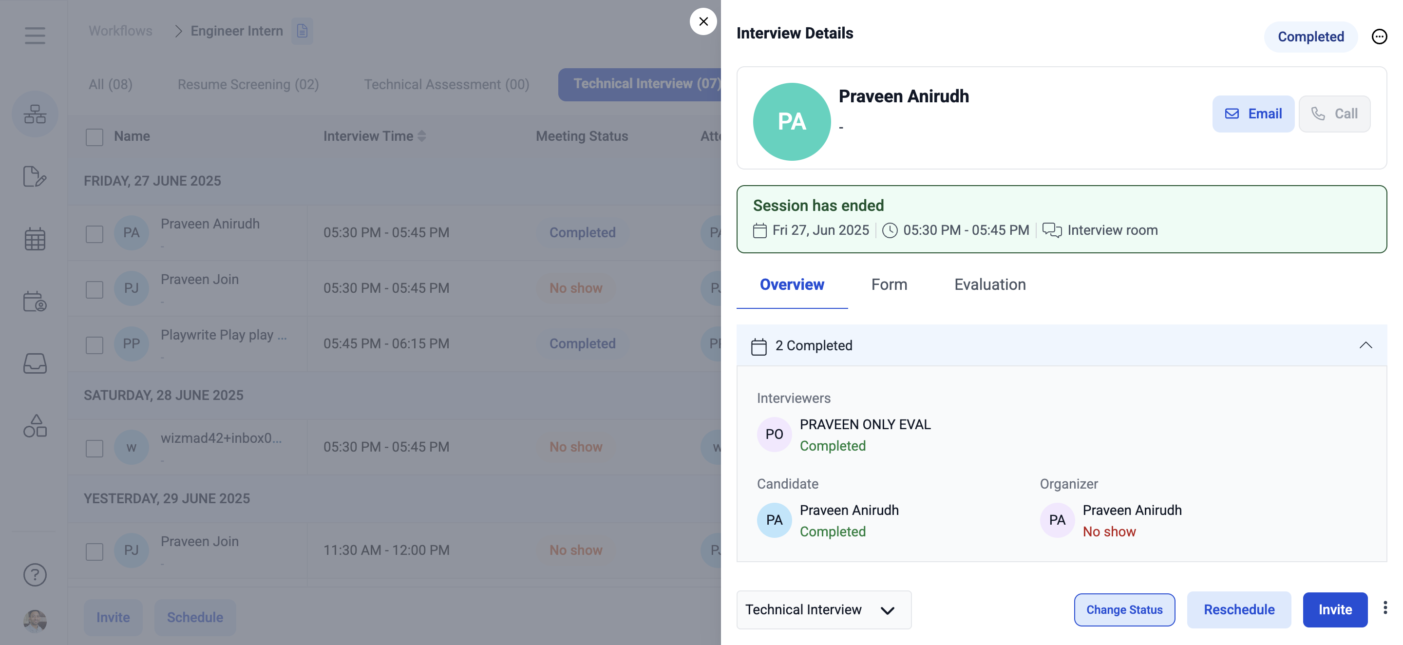 Use the Change Status button to update a candidate’s status.