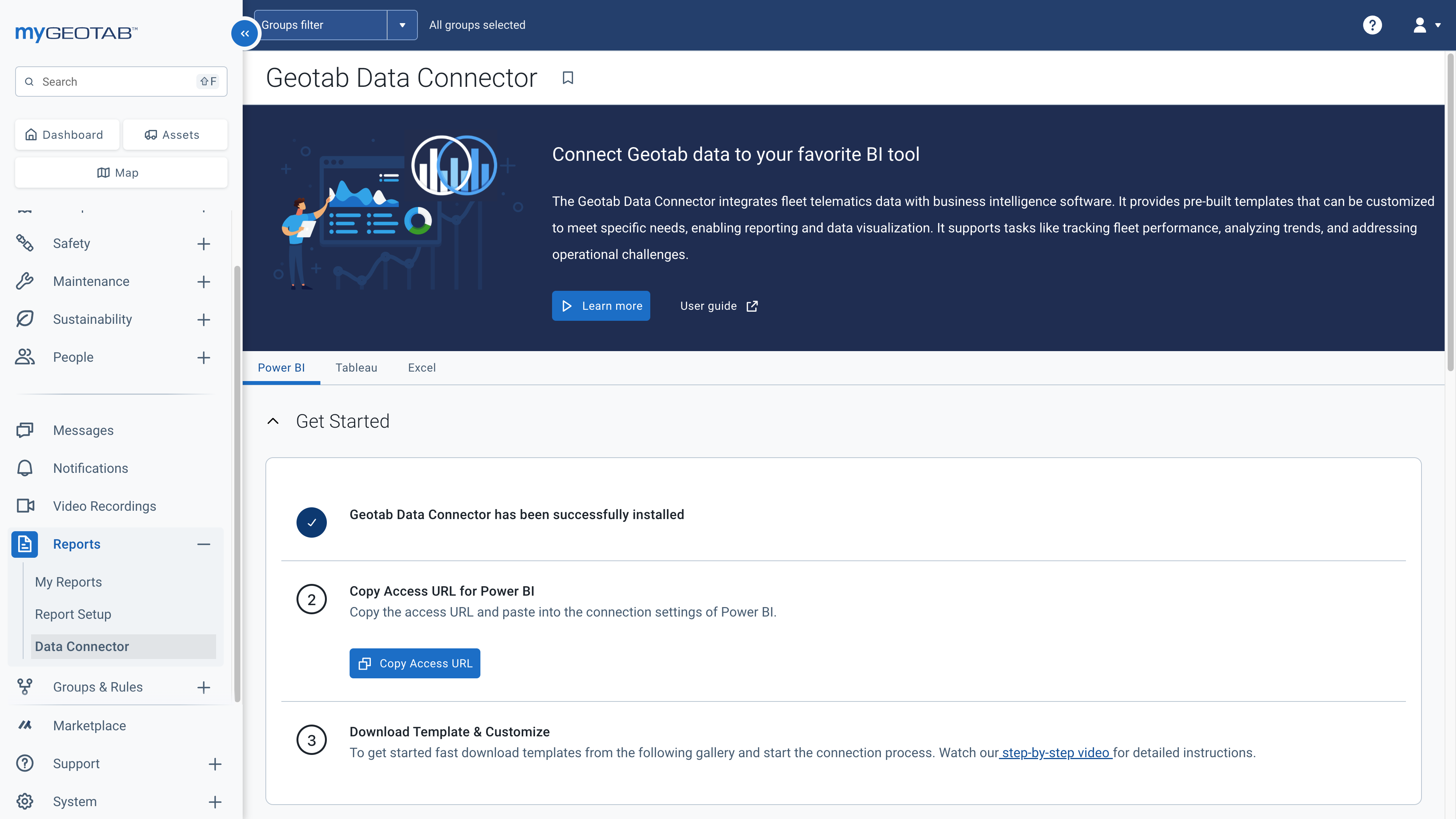 In MyGeotab, navigate to the **Reports > Data Connector** page.