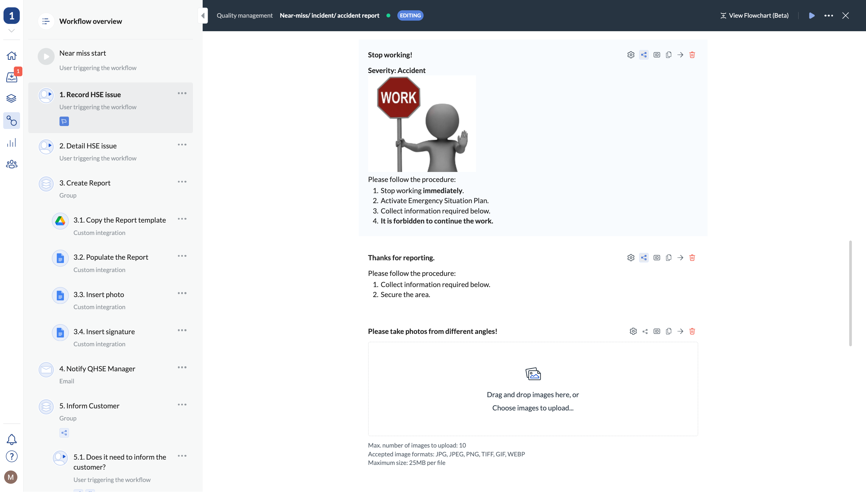 Instruction form fields help workers take the correct course of action