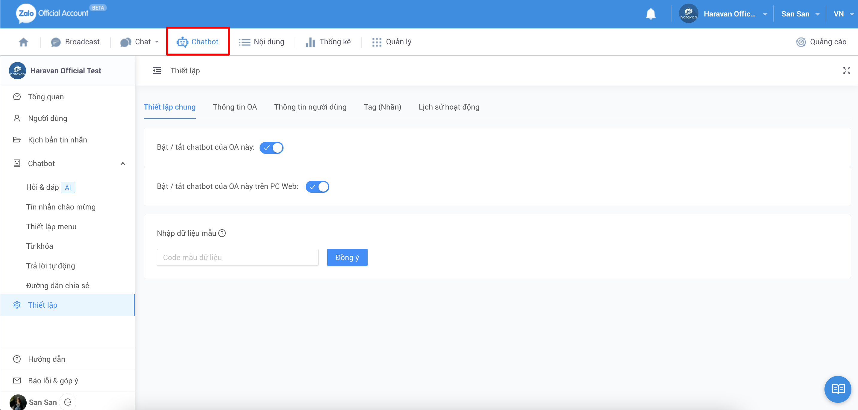 Chọn mục Chatbot