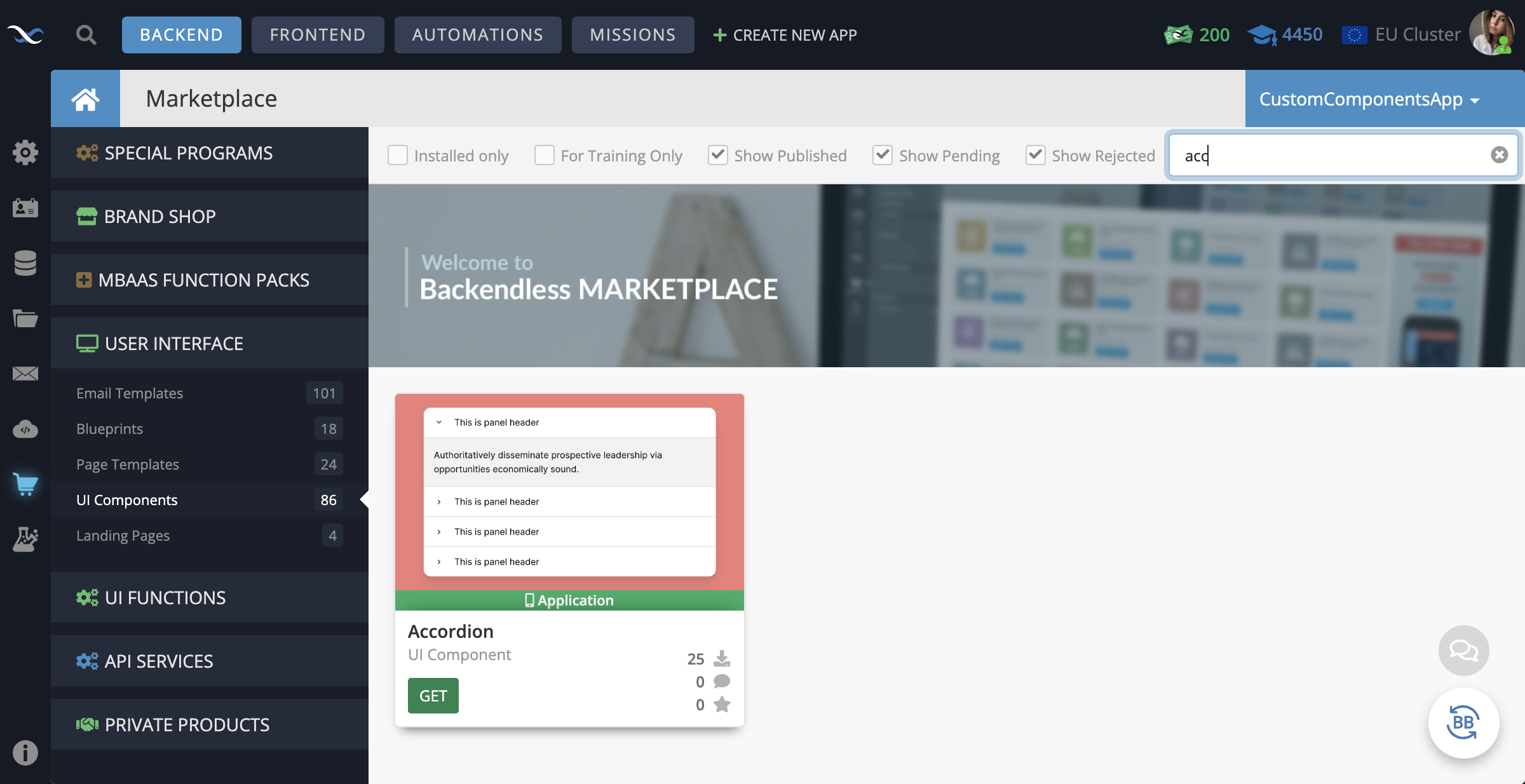 In your Backendless App, go to the Marketplace -> User Interface tab and install the Accordion component