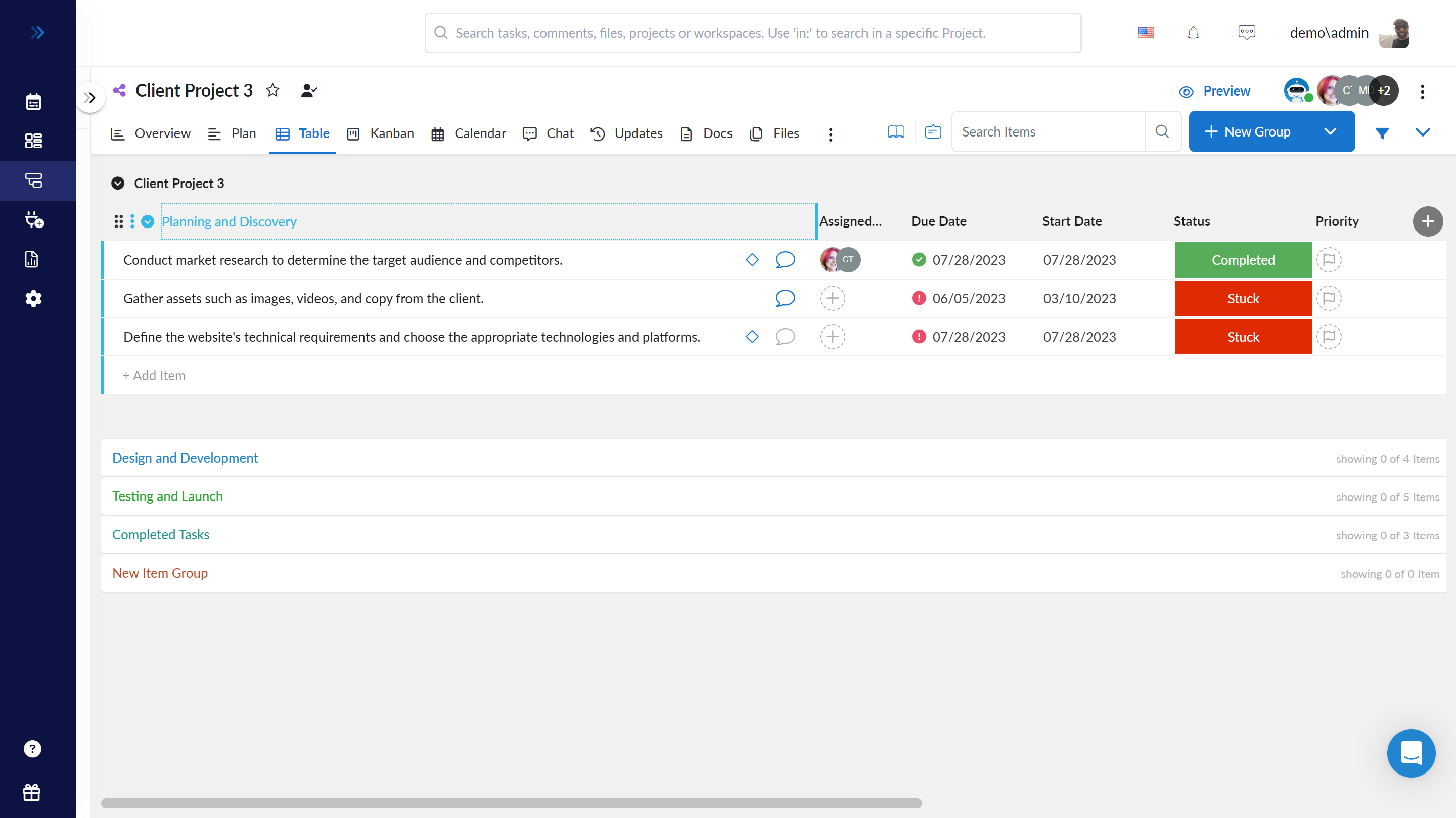 Table: A list view of tasks organized into custom groups, with custom fields, automation, reminders, recurring tasks, and task comments.