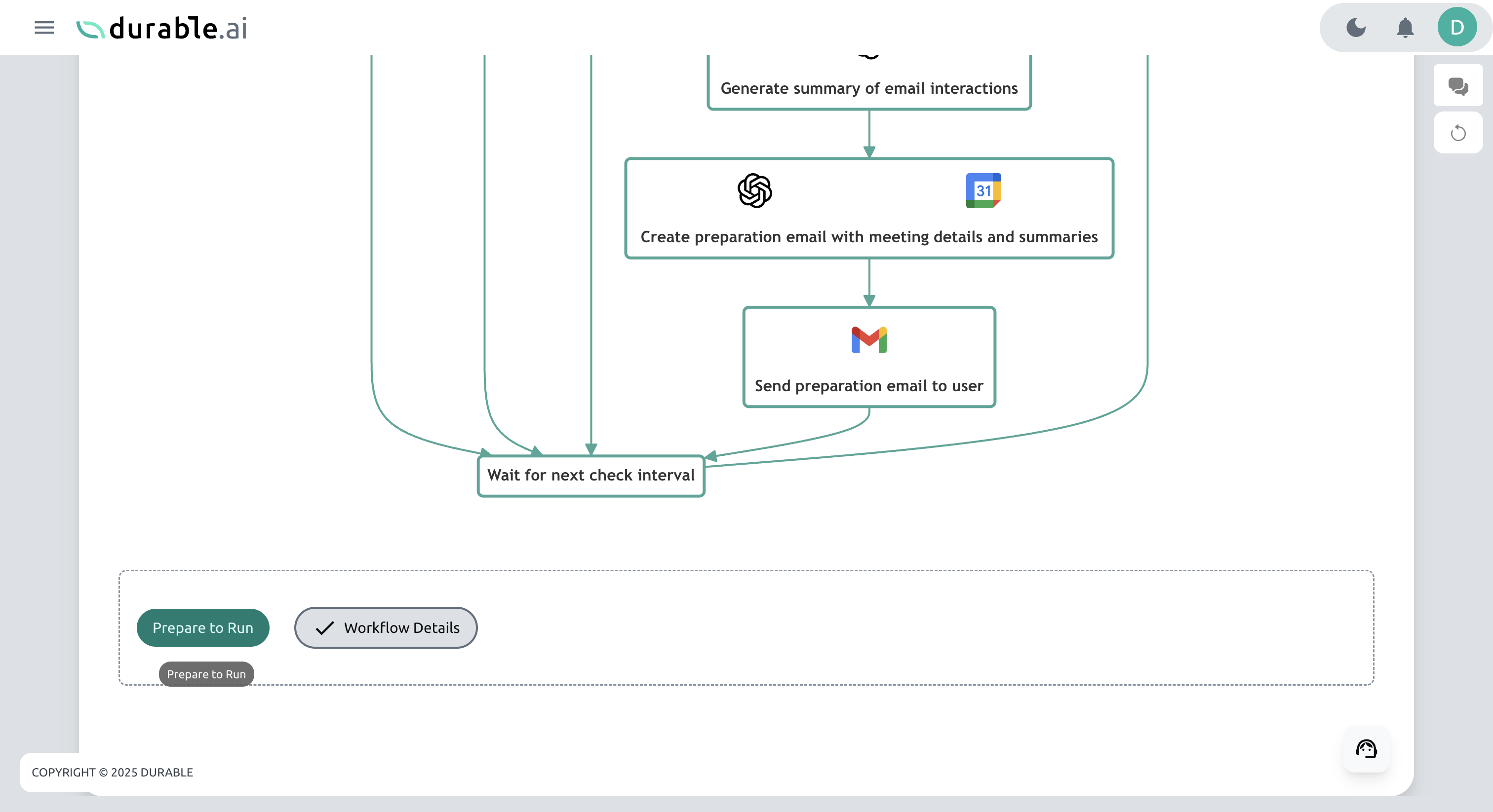 Press the Prepare to Run button to add the final touches before Durable can run your workflow