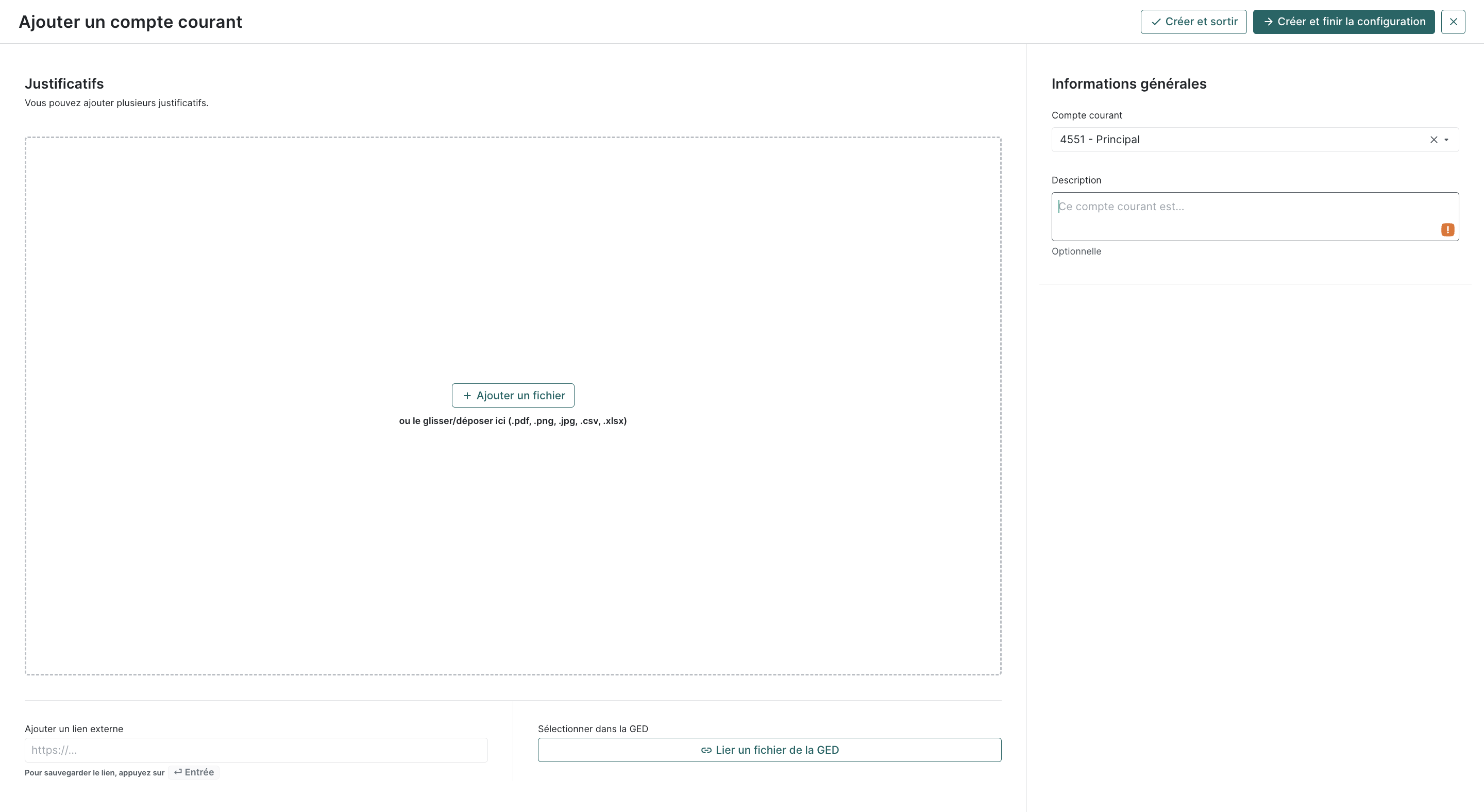 Sélectionnez le compte comptable associé, ajoutez un justificatif (une convention par exemple) et ajoutez une description (optionnel).