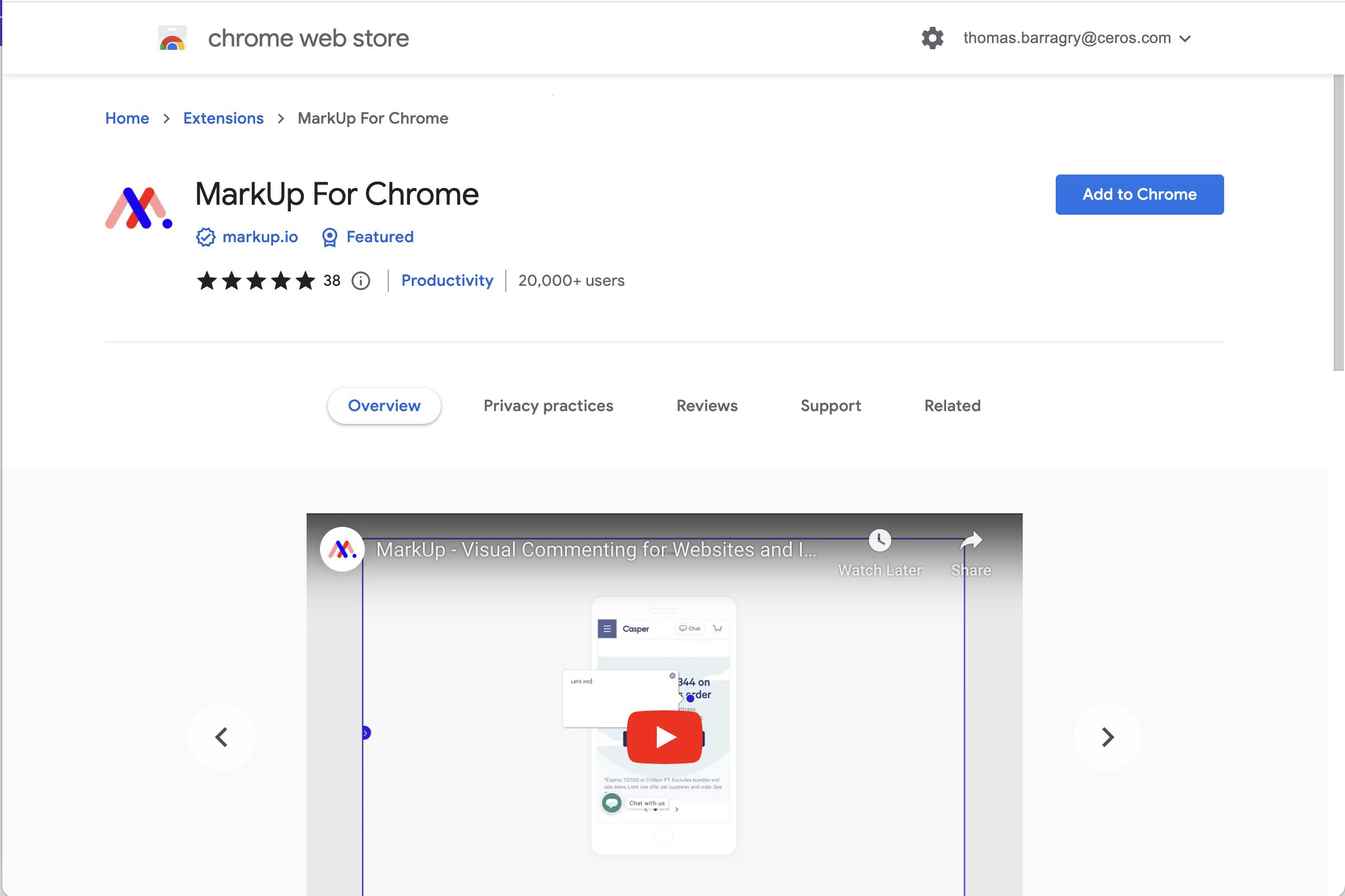 Click Add to Chrome to quickly install the MarkUp.io extension.