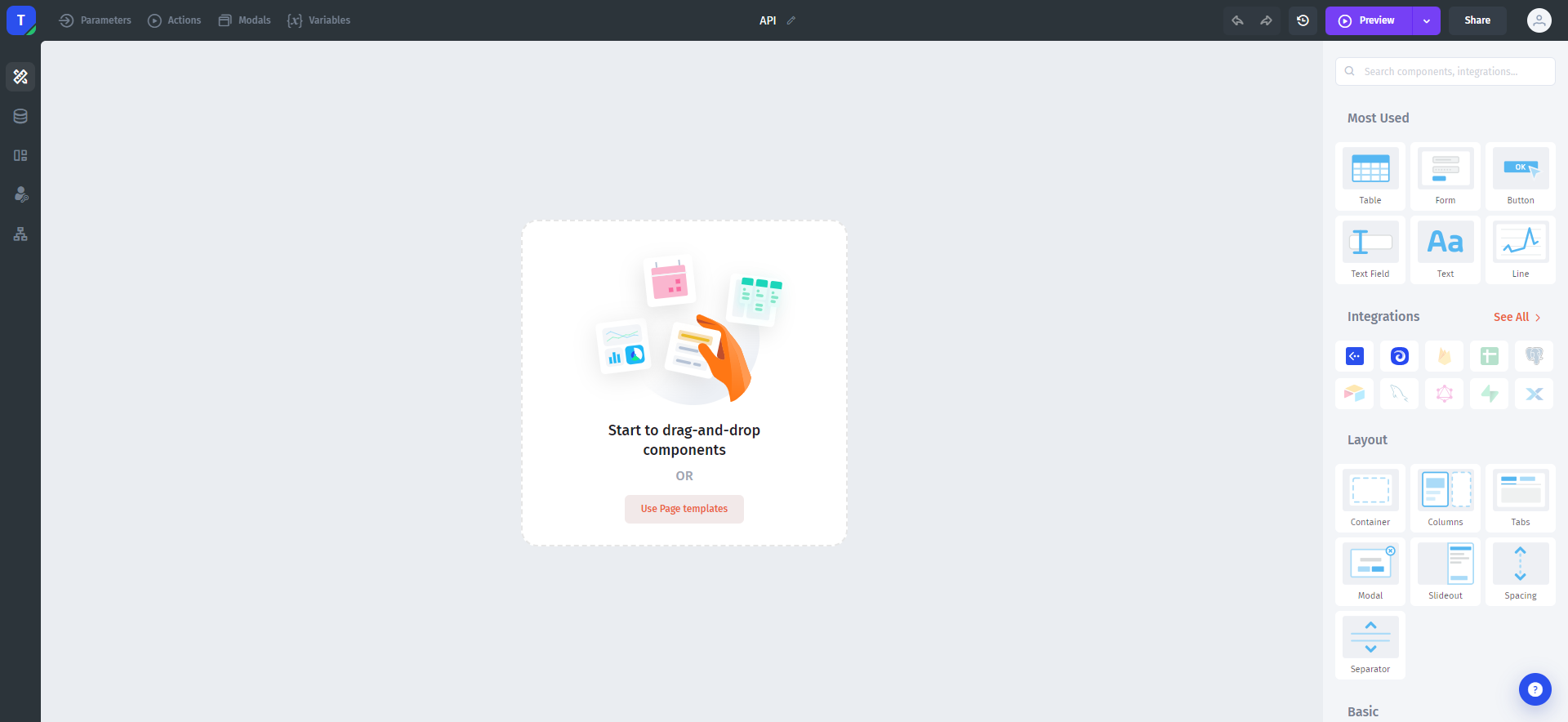 Add a Table component to the page