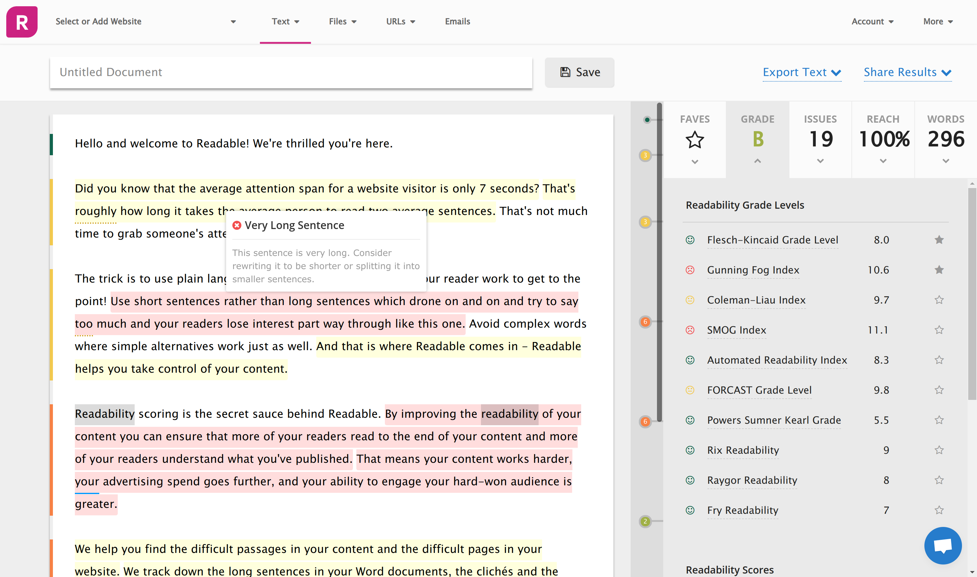 This tab is where you'll find your readability scores.