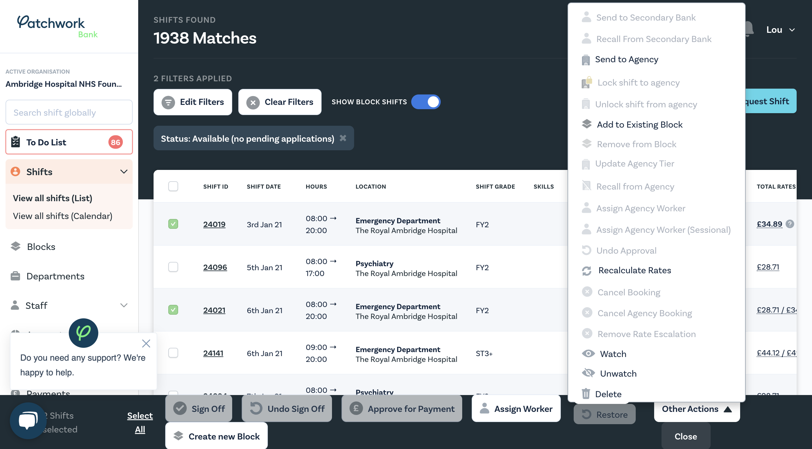 You can manage blocks via the 'Shifts' page.