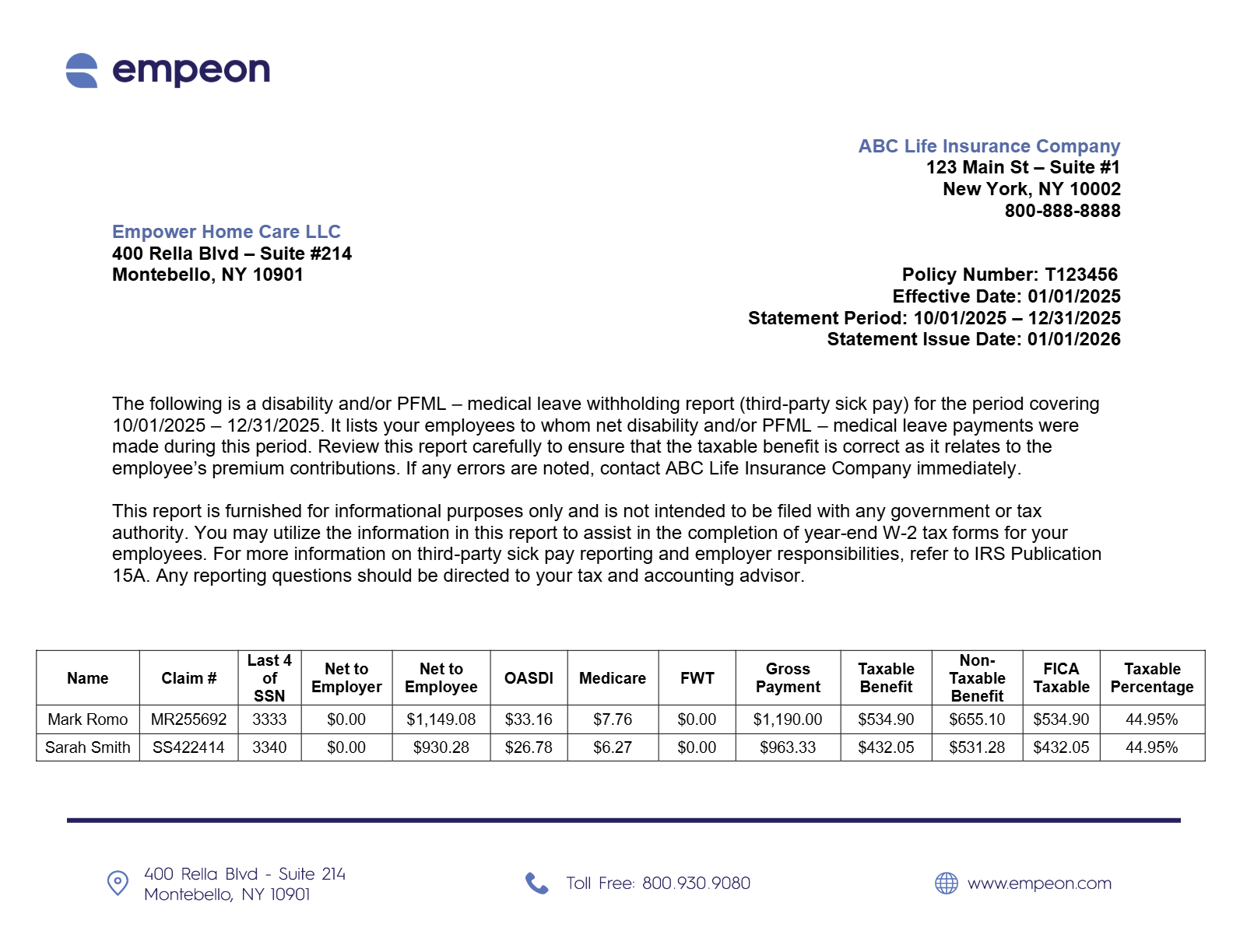 This is a Sample Statement  provided by the benefits provider.